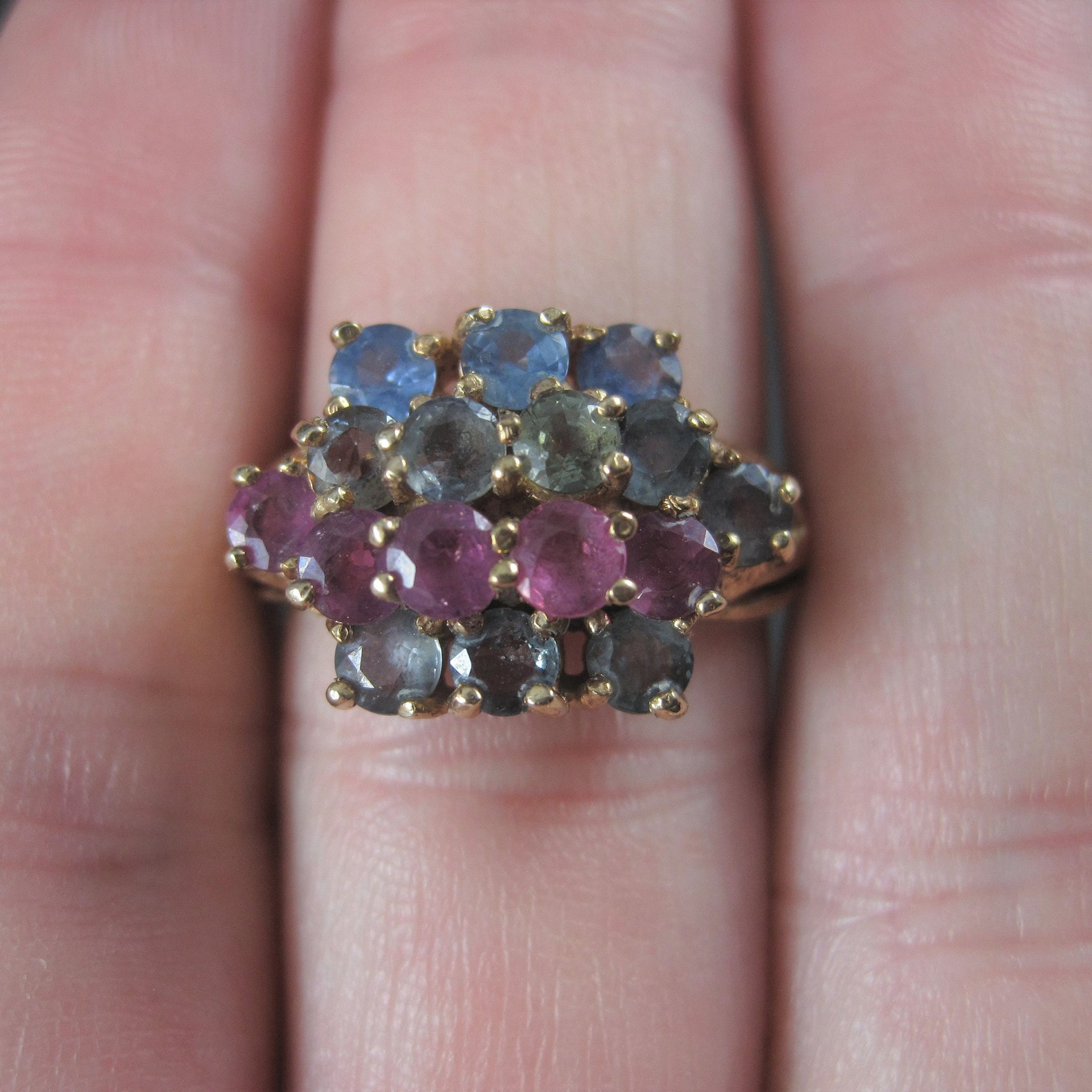 Unusual Vintage 10K Ruby Spinel Topaz Cluster Ring Size 7