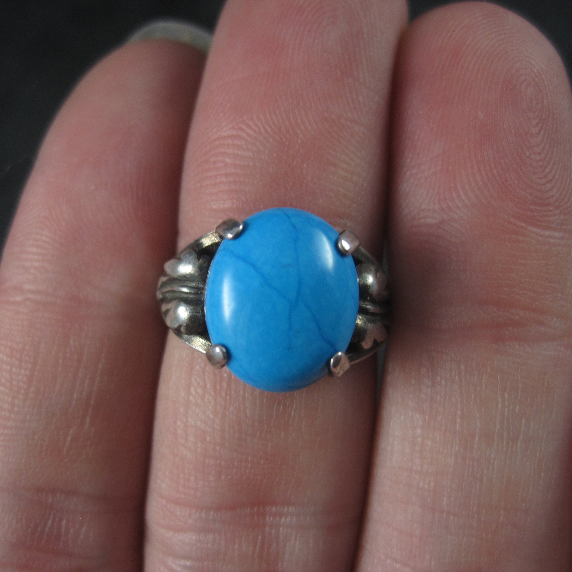 Estate Turquoise Leaf Ring Sterling Size 4.75