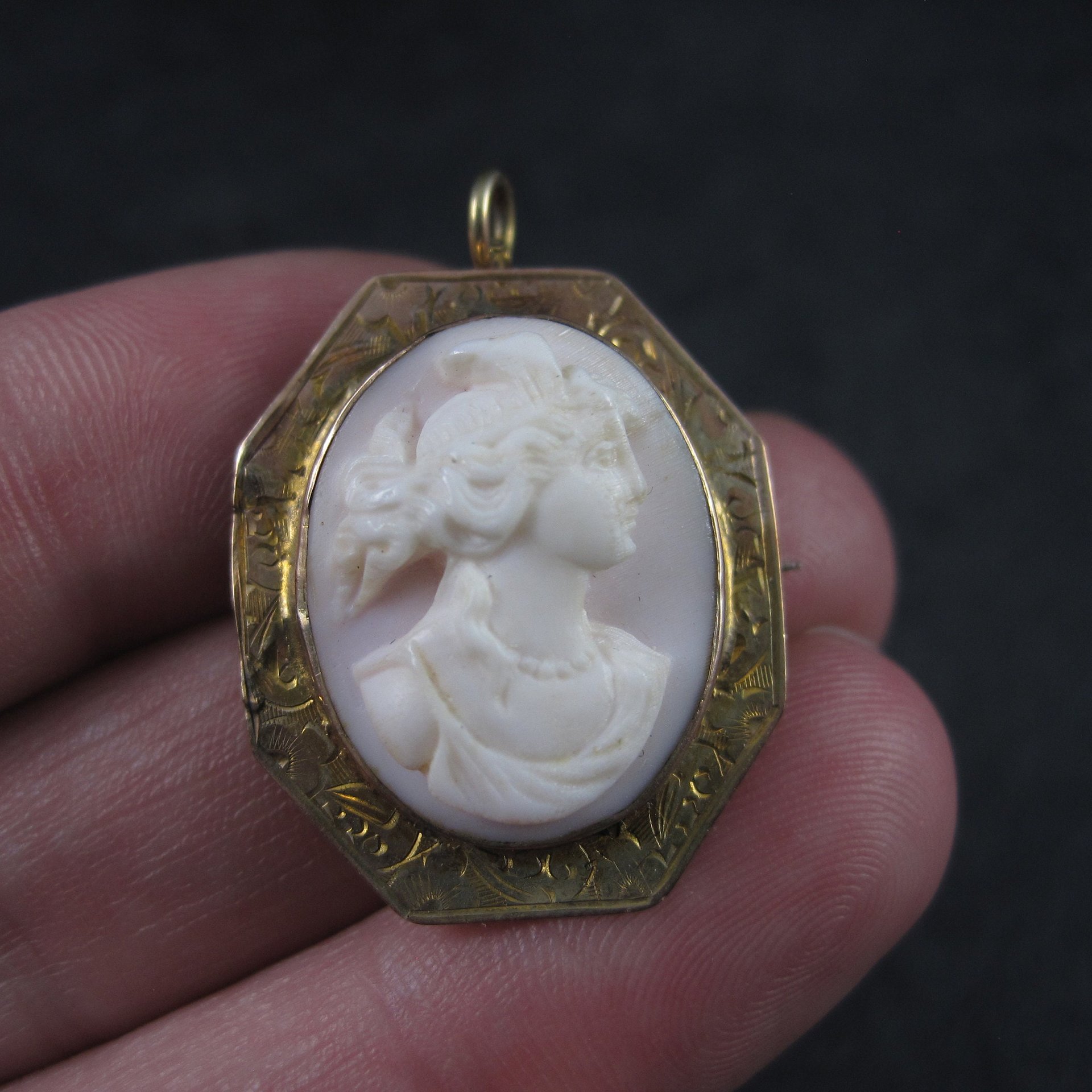 Antique 10K Carved Pink Cameo Brooch Pendant