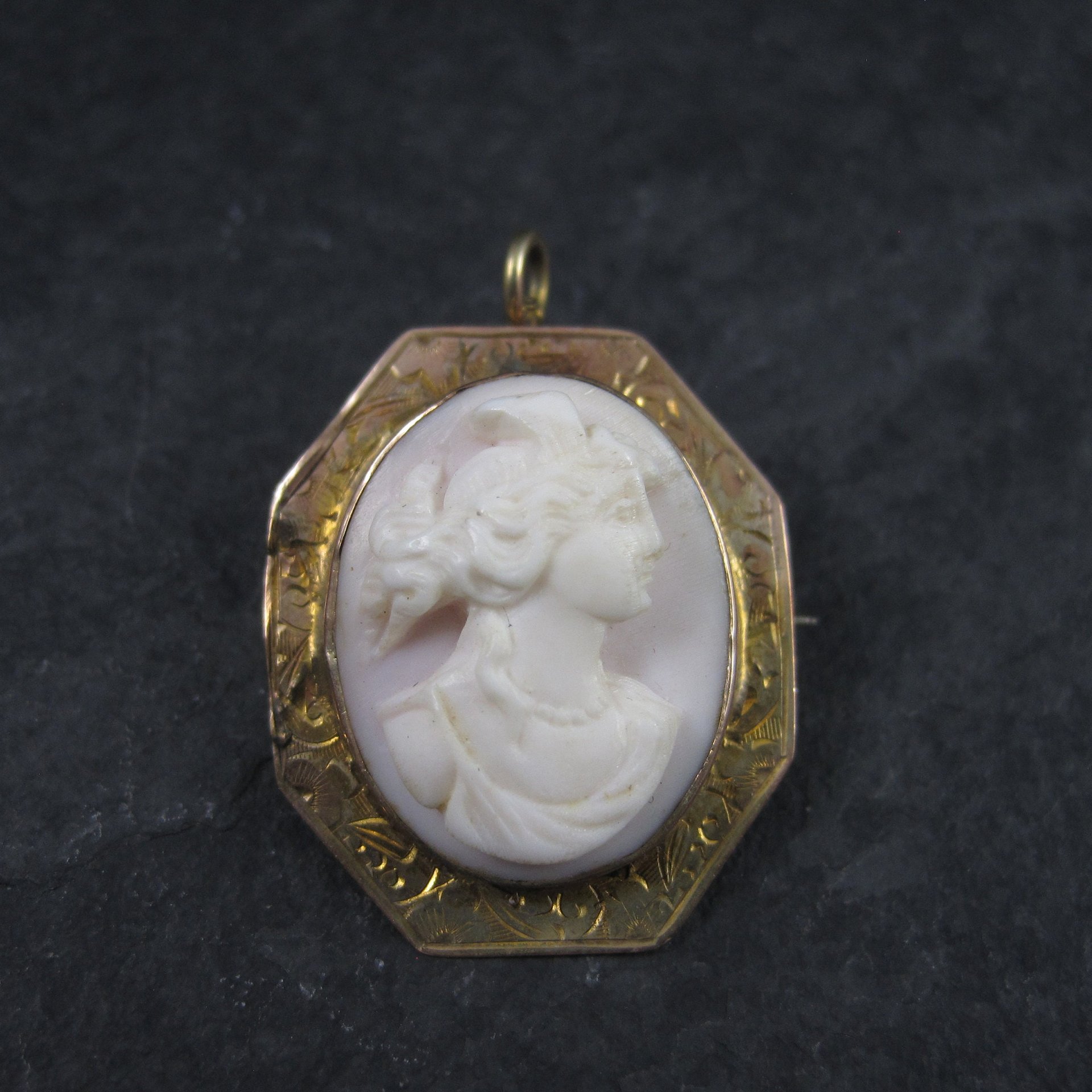 Antique 10K Carved Pink Cameo Brooch Pendant