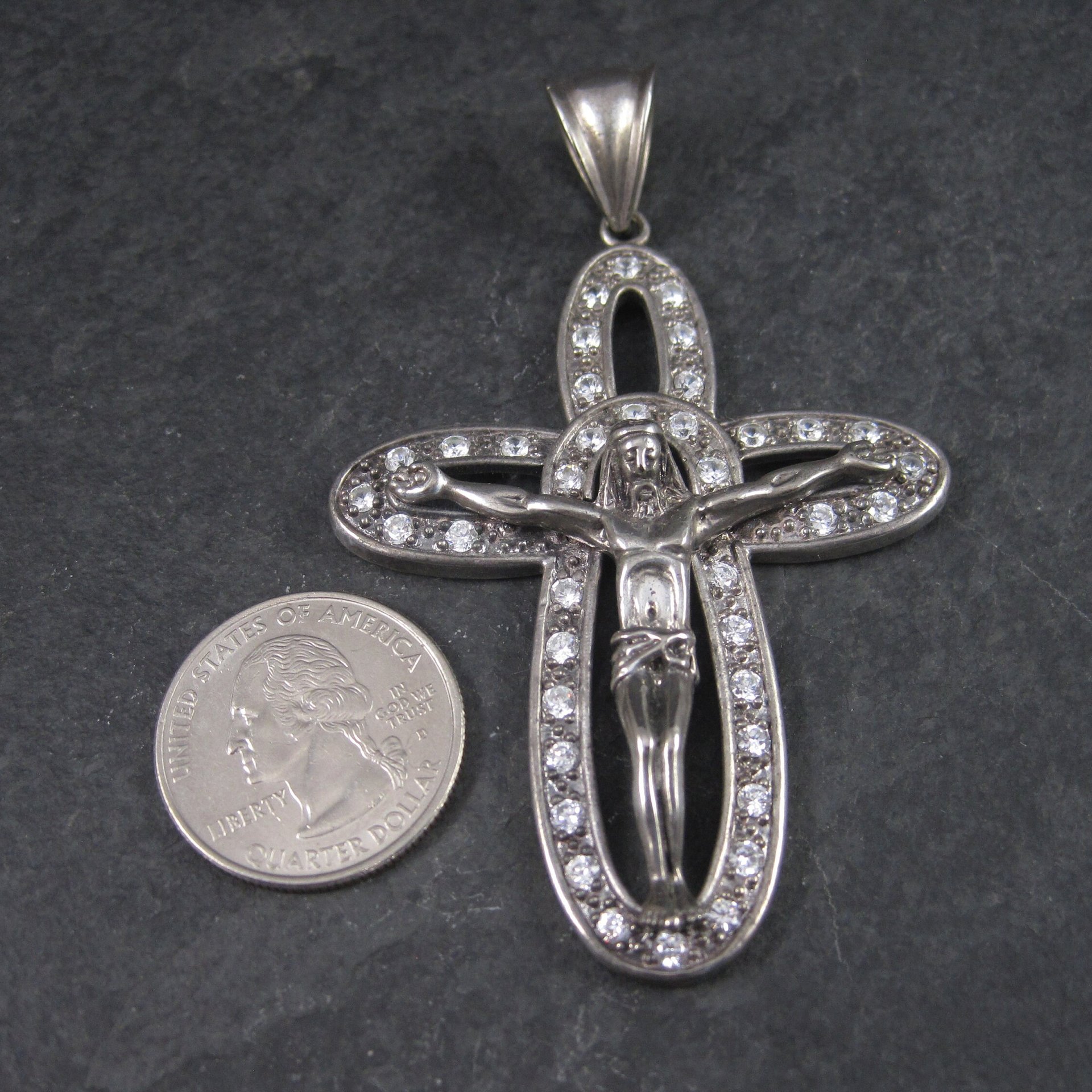 Huge Sterling Crucifix Cross Pendant Cubic Zirconia Vintage