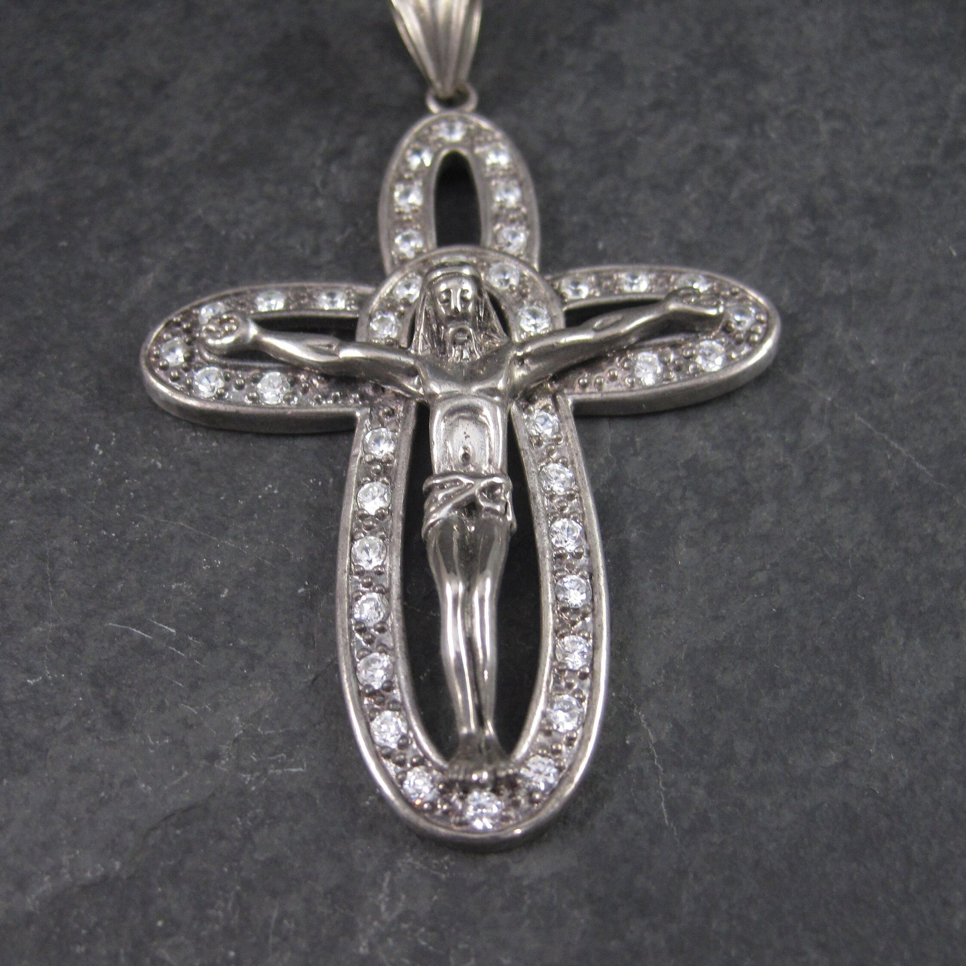 Huge Sterling Crucifix Cross Pendant Cubic Zirconia Vintage