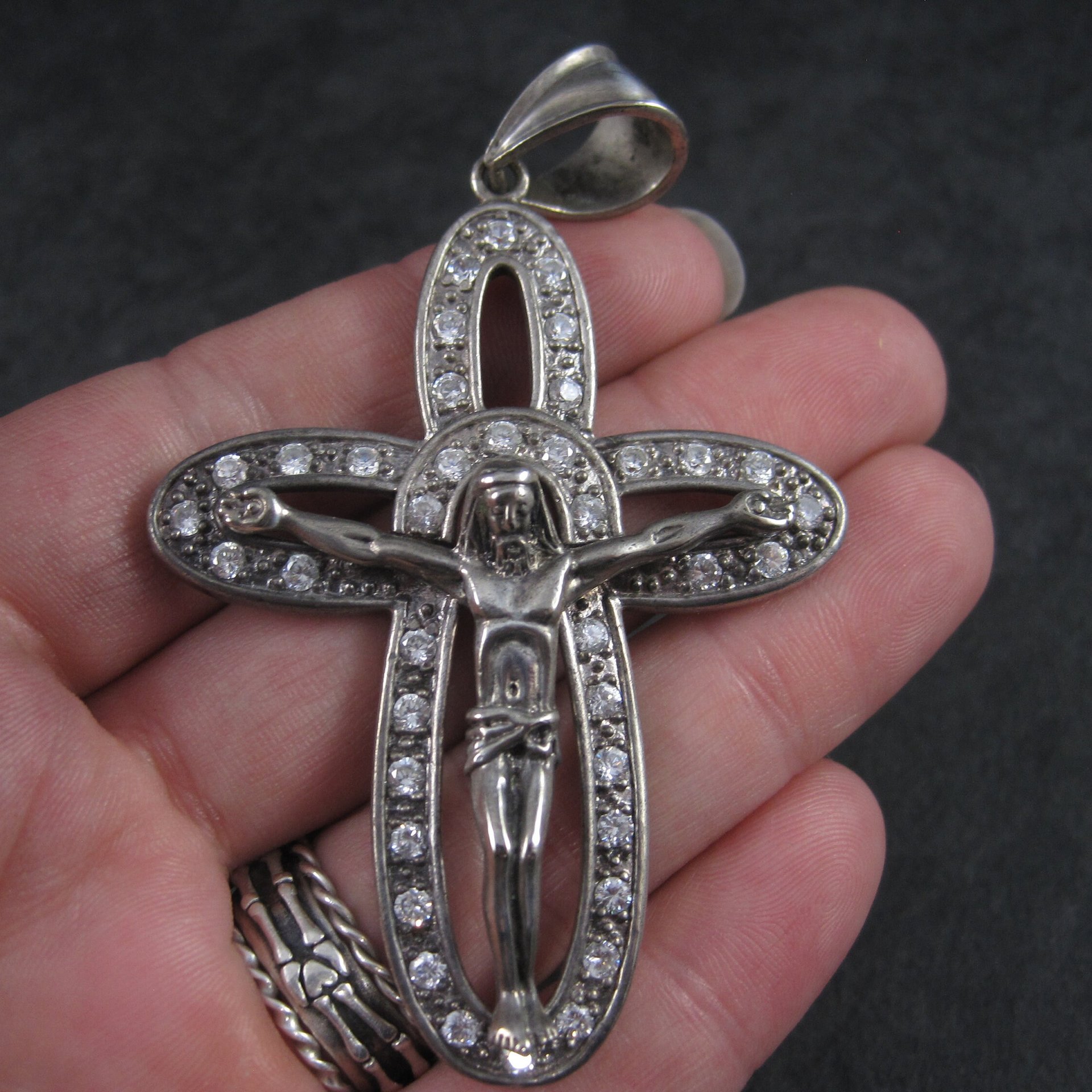 Huge Sterling Crucifix Cross Pendant Cubic Zirconia Vintage