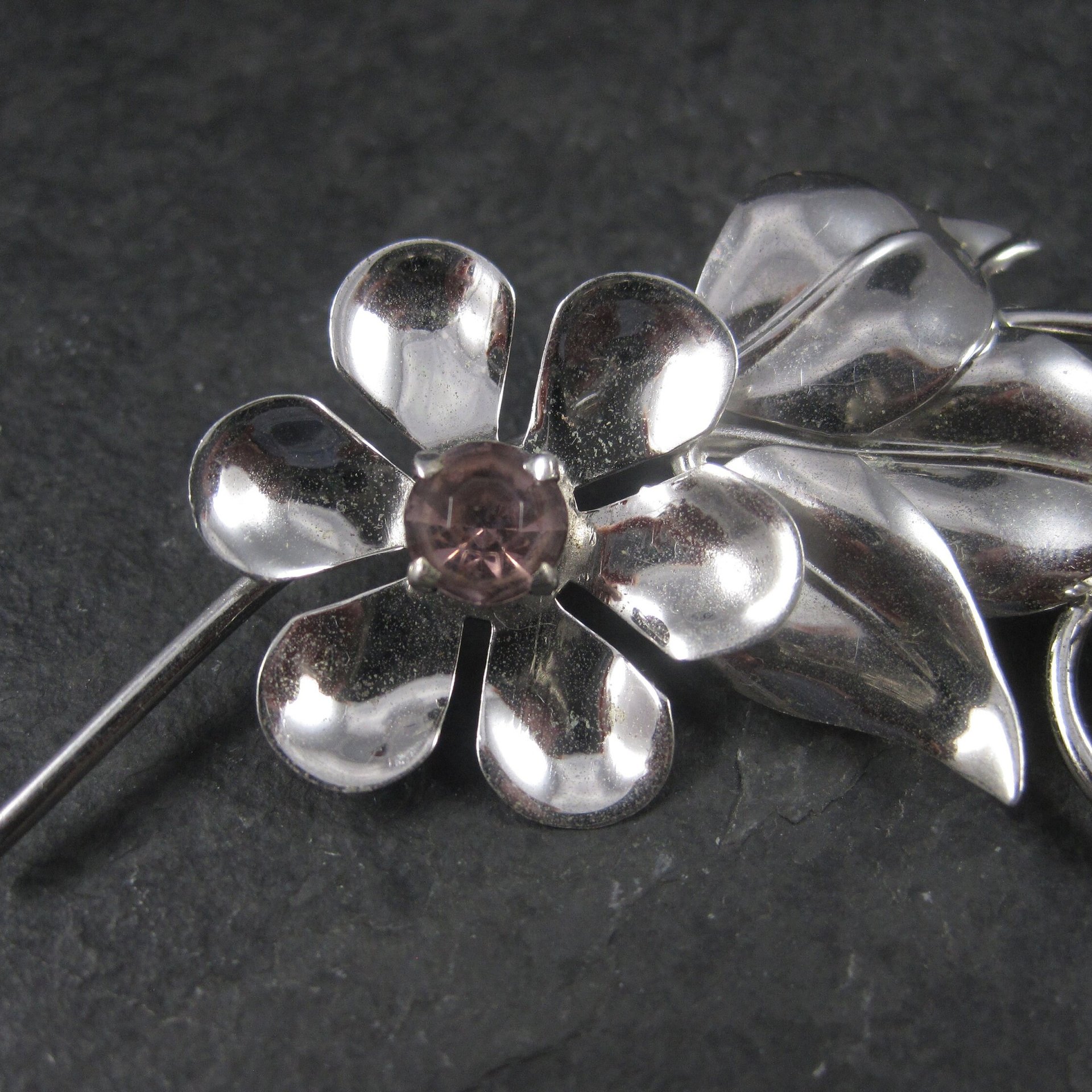 Estate Sterling Amethyst Glass Flower Brooch