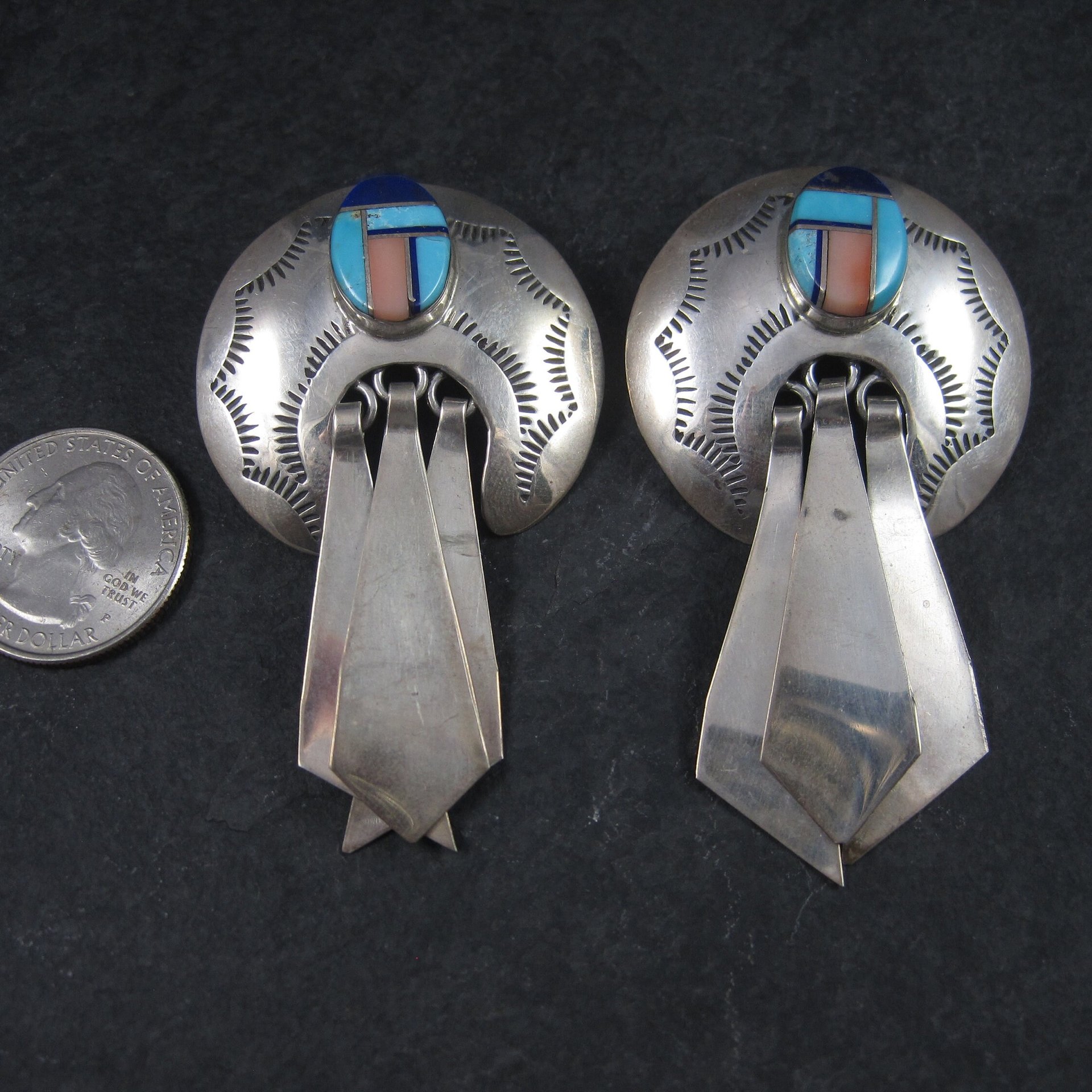 Large Sterling Navajo Turquoise Inlay Earrings