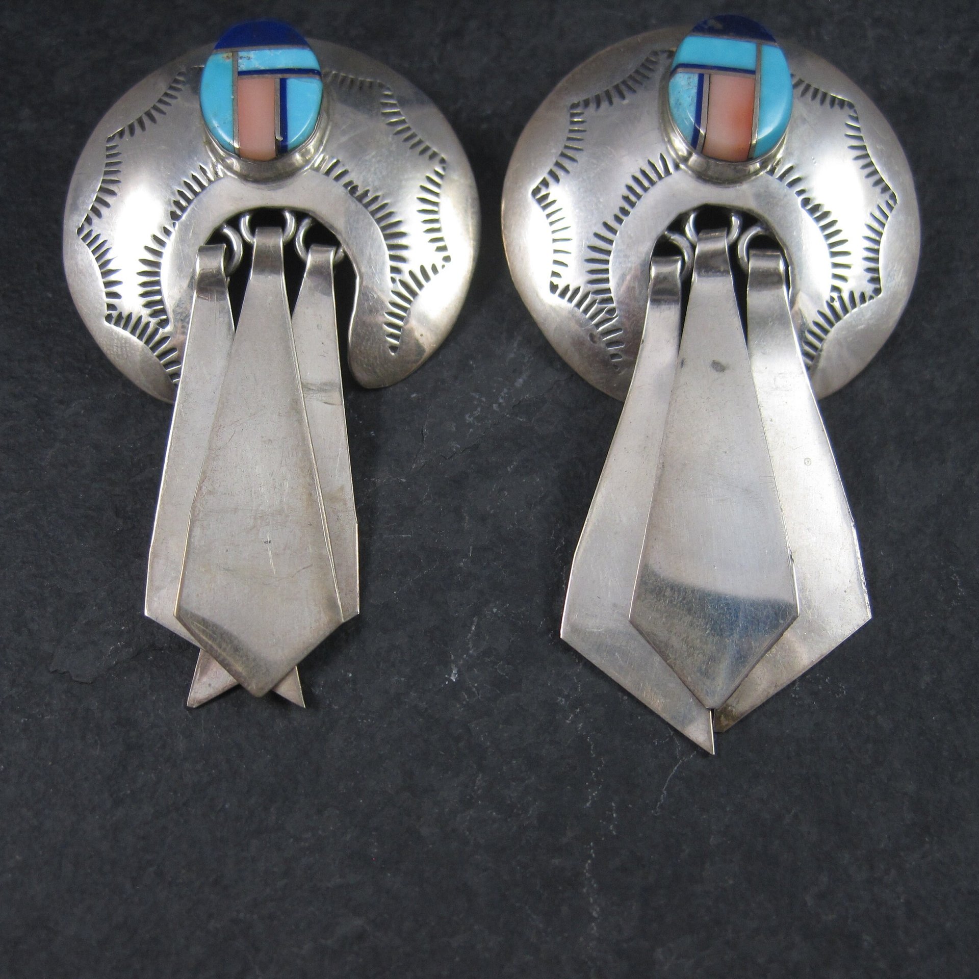 Large Sterling Navajo Turquoise Inlay Earrings