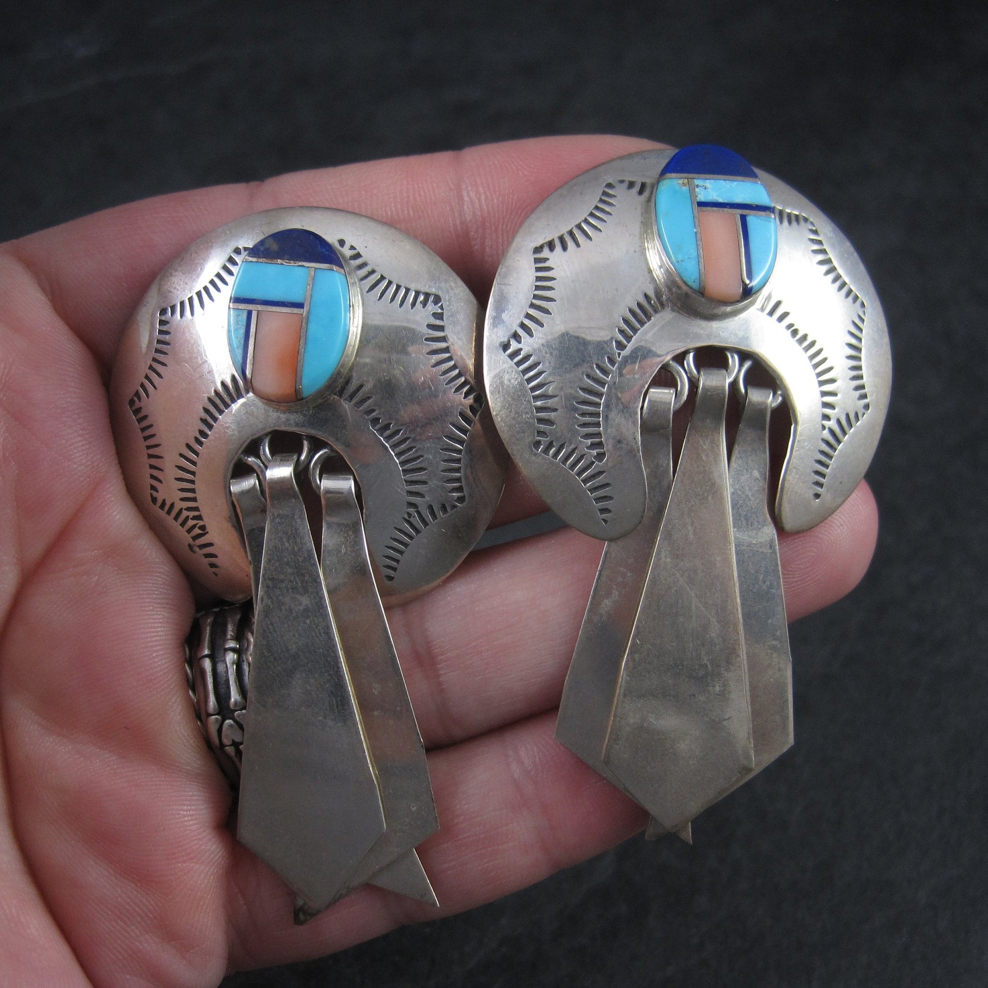 Large Sterling Navajo Turquoise Inlay Earrings