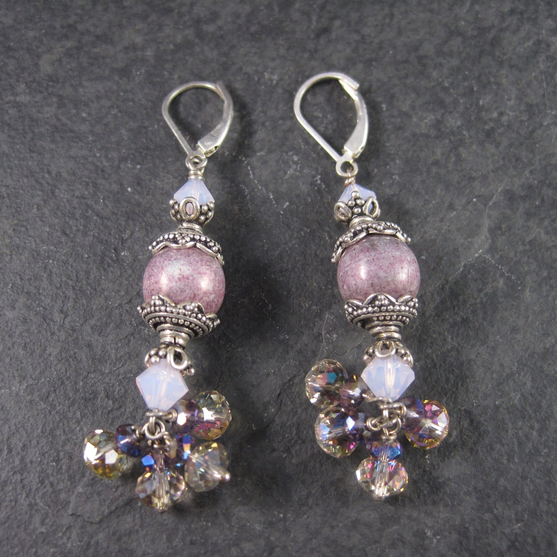 Long Sterling Pink and Purple Art Glass Earrings