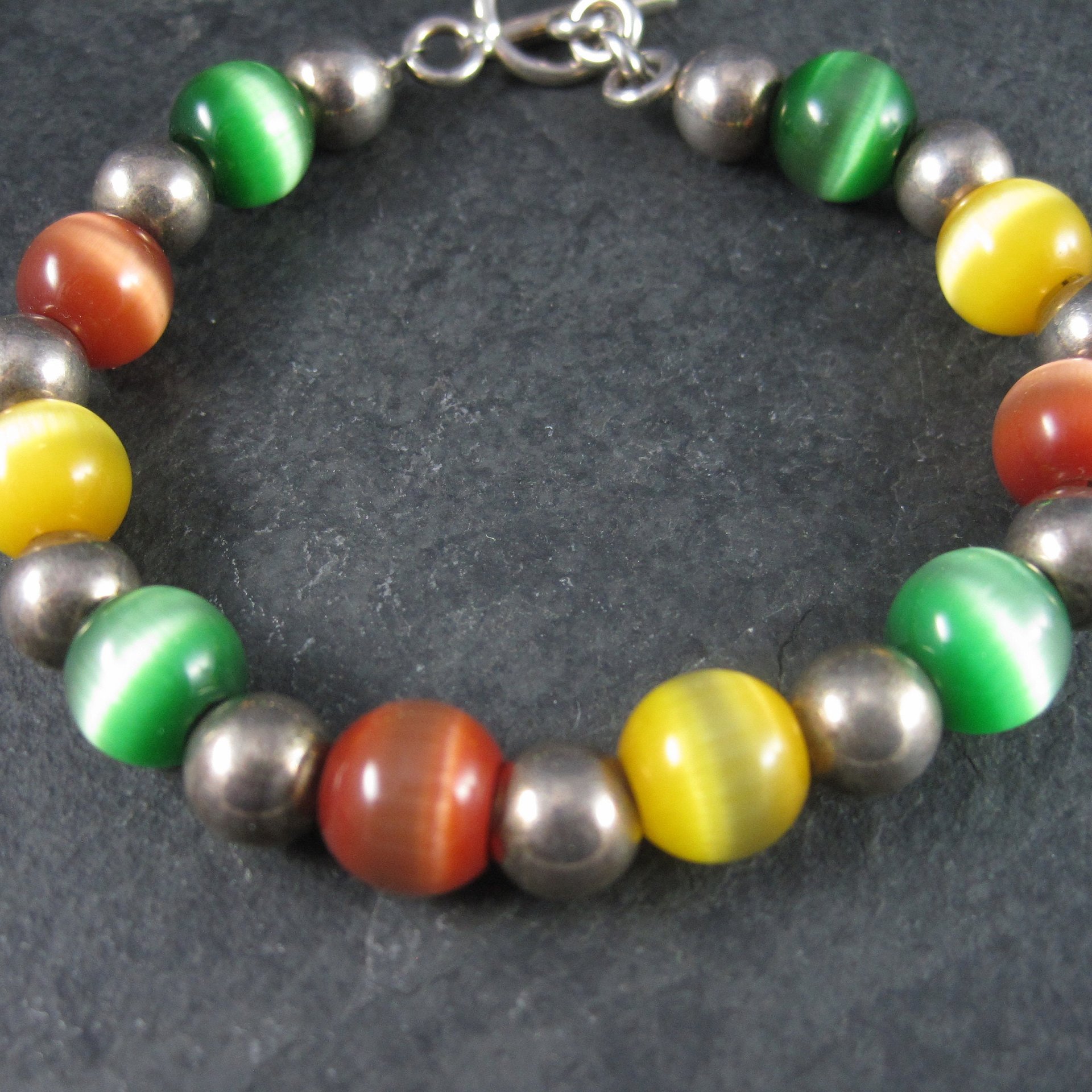 Chunky Vintage Sterling Cats Eye Bead Toggle Bracelet 7.5 Inches