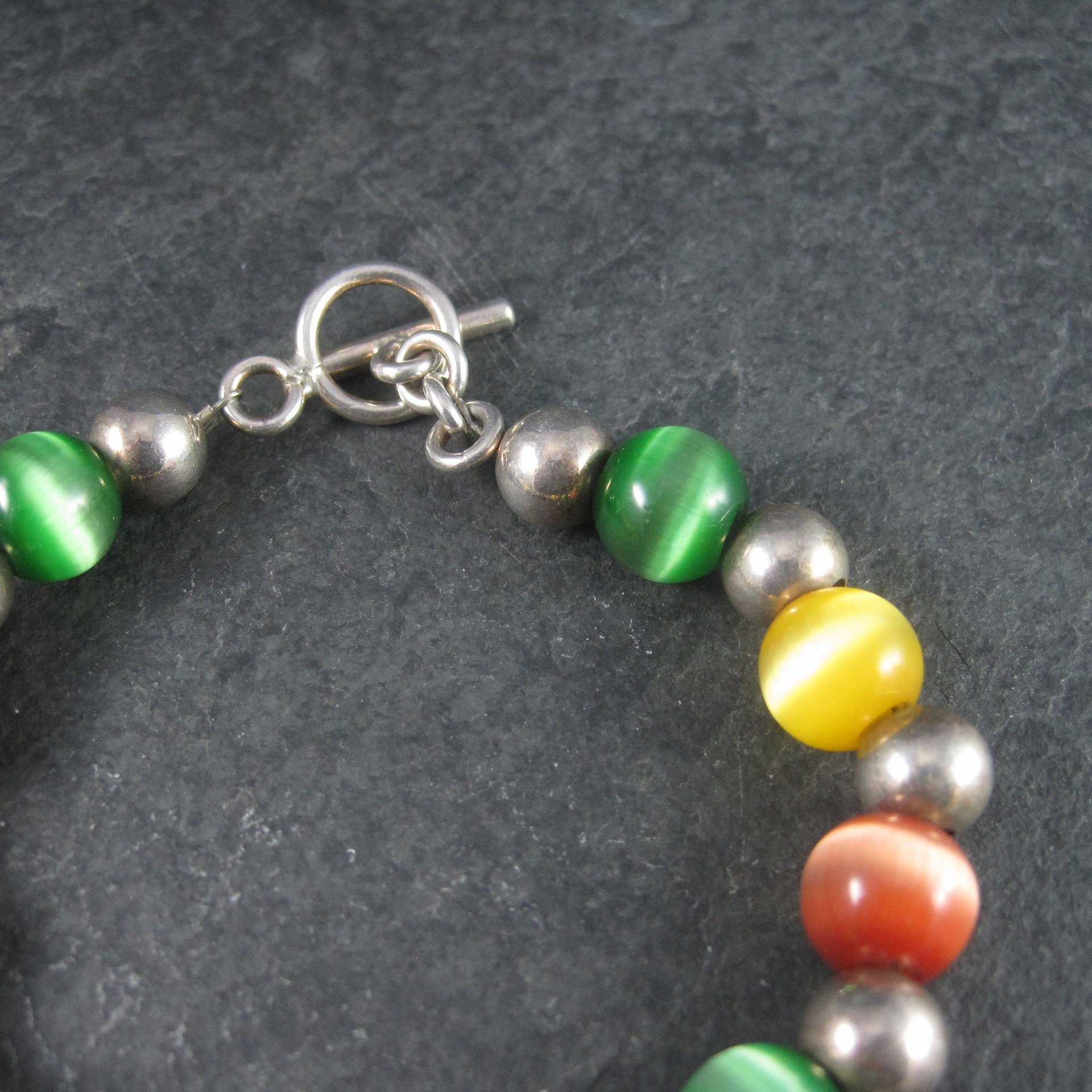 Chunky Vintage Sterling Cats Eye Bead Toggle Bracelet 7.5 Inches