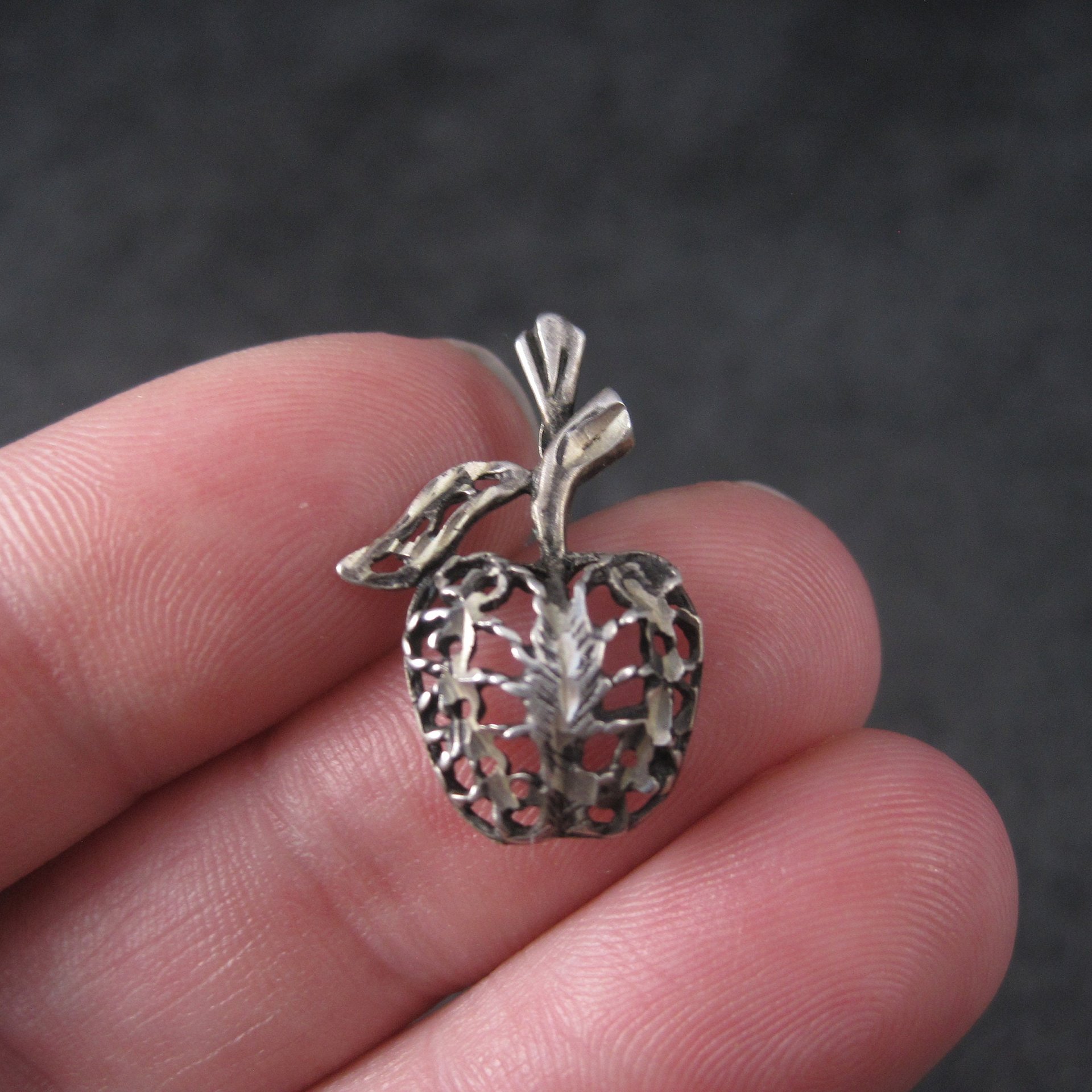 Vintage Sterling Diamond Cut Filigree Apple Pendant