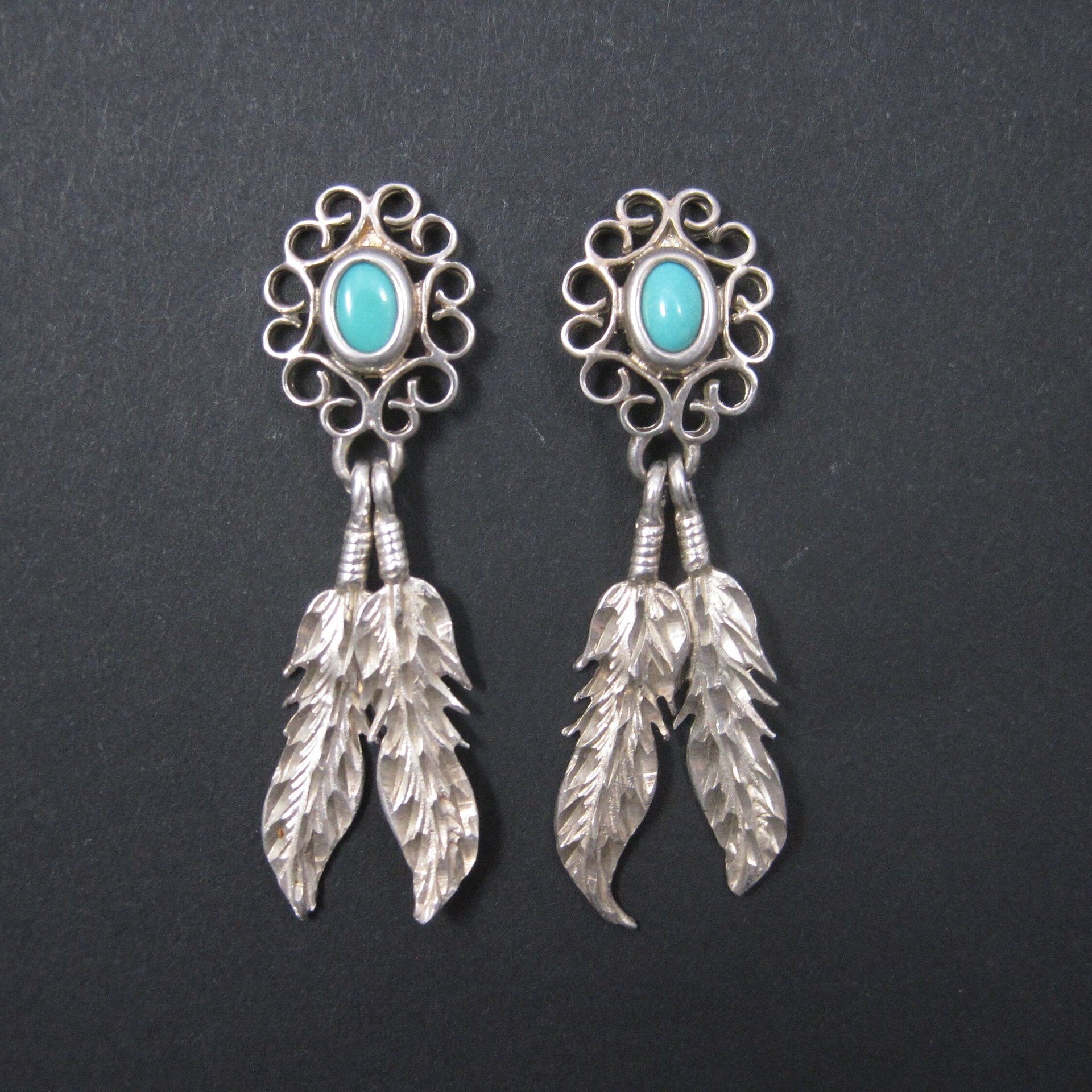 Vintage Southwestern Sterling Turquoise Feather Earrings