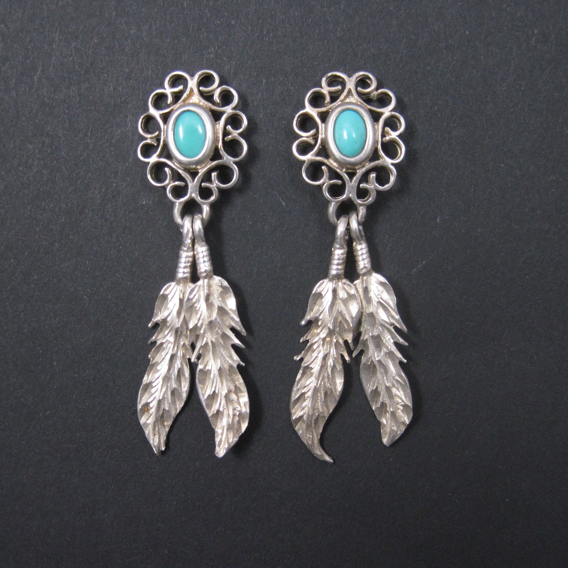 Vintage Southwestern Sterling Turquoise Feather Earrings