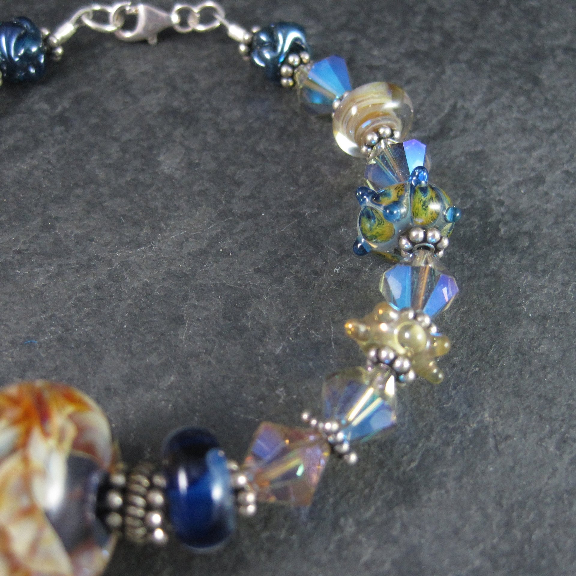 Handmade Blue Lampwork Art Glass Bead Bracelet 8 Inches