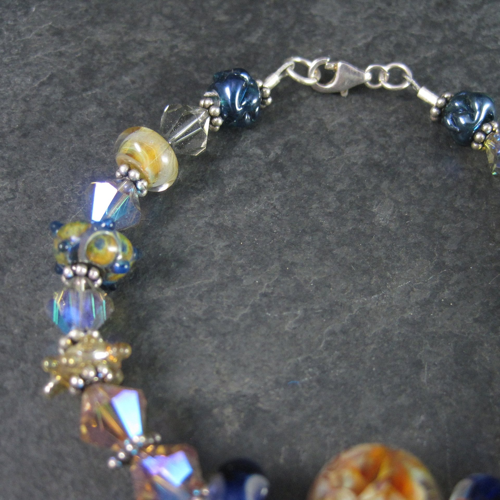 Handmade Blue Lampwork Art Glass Bead Bracelet 8 Inches