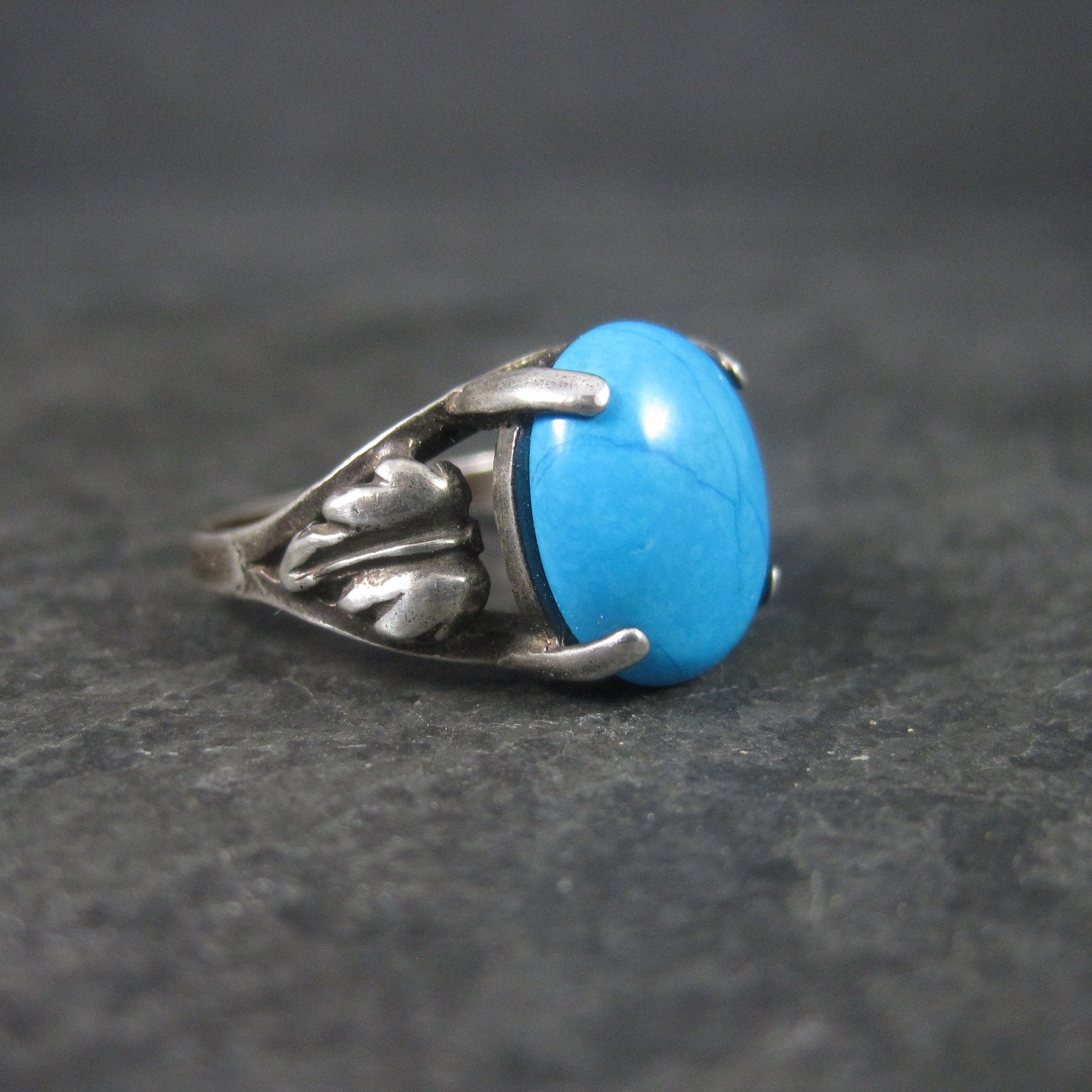 Estate Turquoise Leaf Ring Sterling Size 4.75