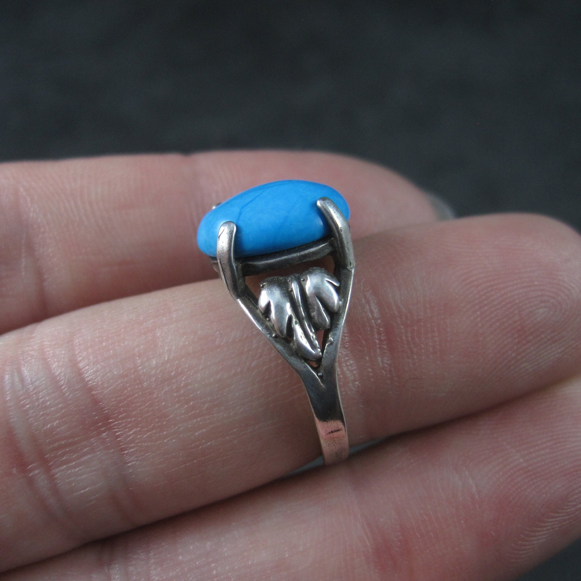 Estate Turquoise Leaf Ring Sterling Size 4.75