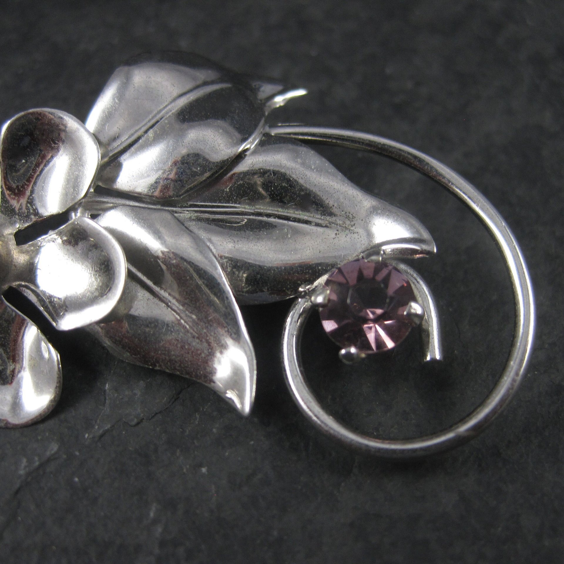 Estate Sterling Amethyst Glass Flower Brooch