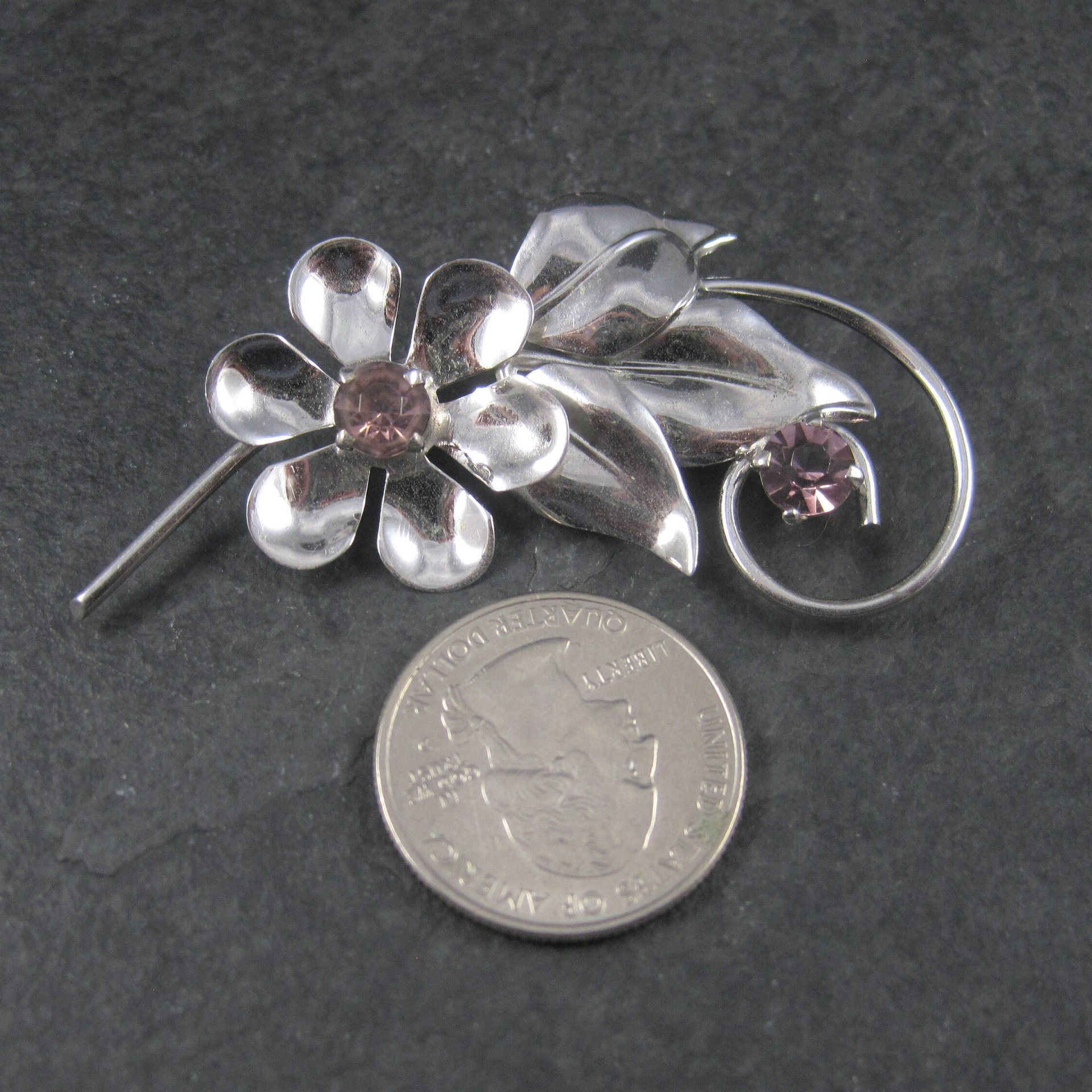 Estate Sterling Amethyst Glass Flower Brooch