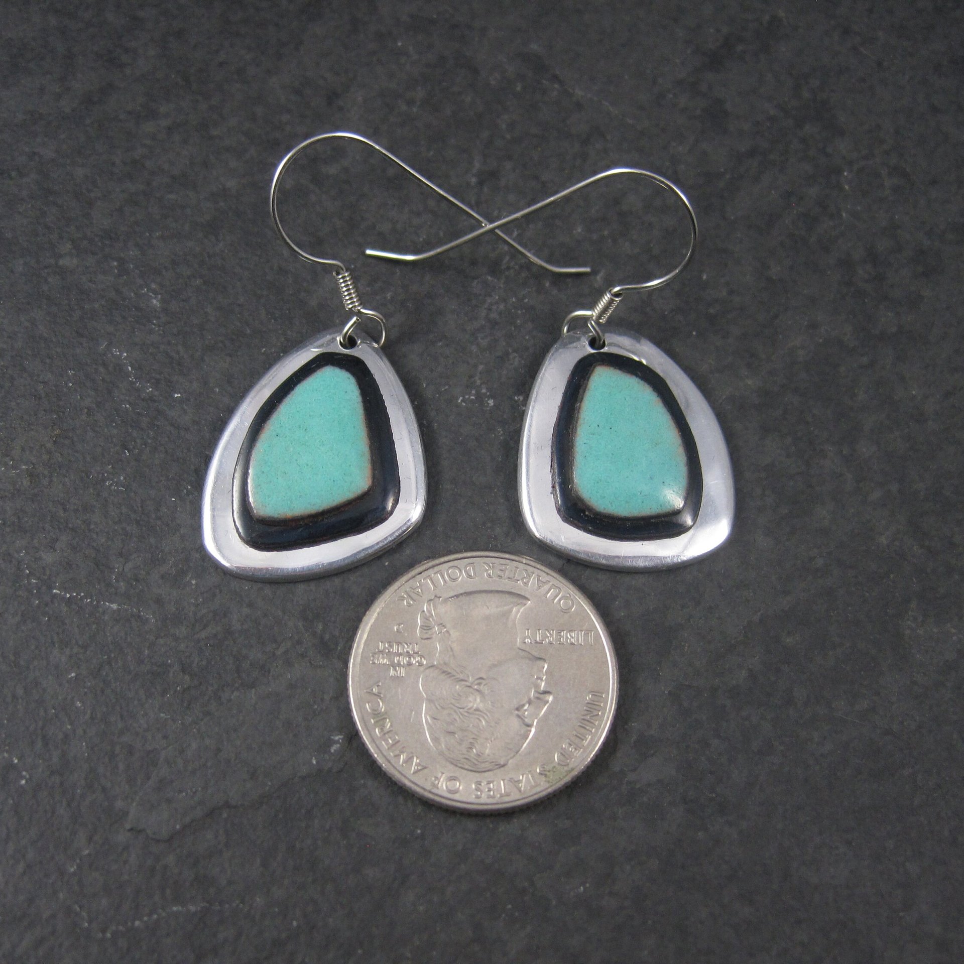 Estate Sterling Black and Turquoise Ceramic Earrings