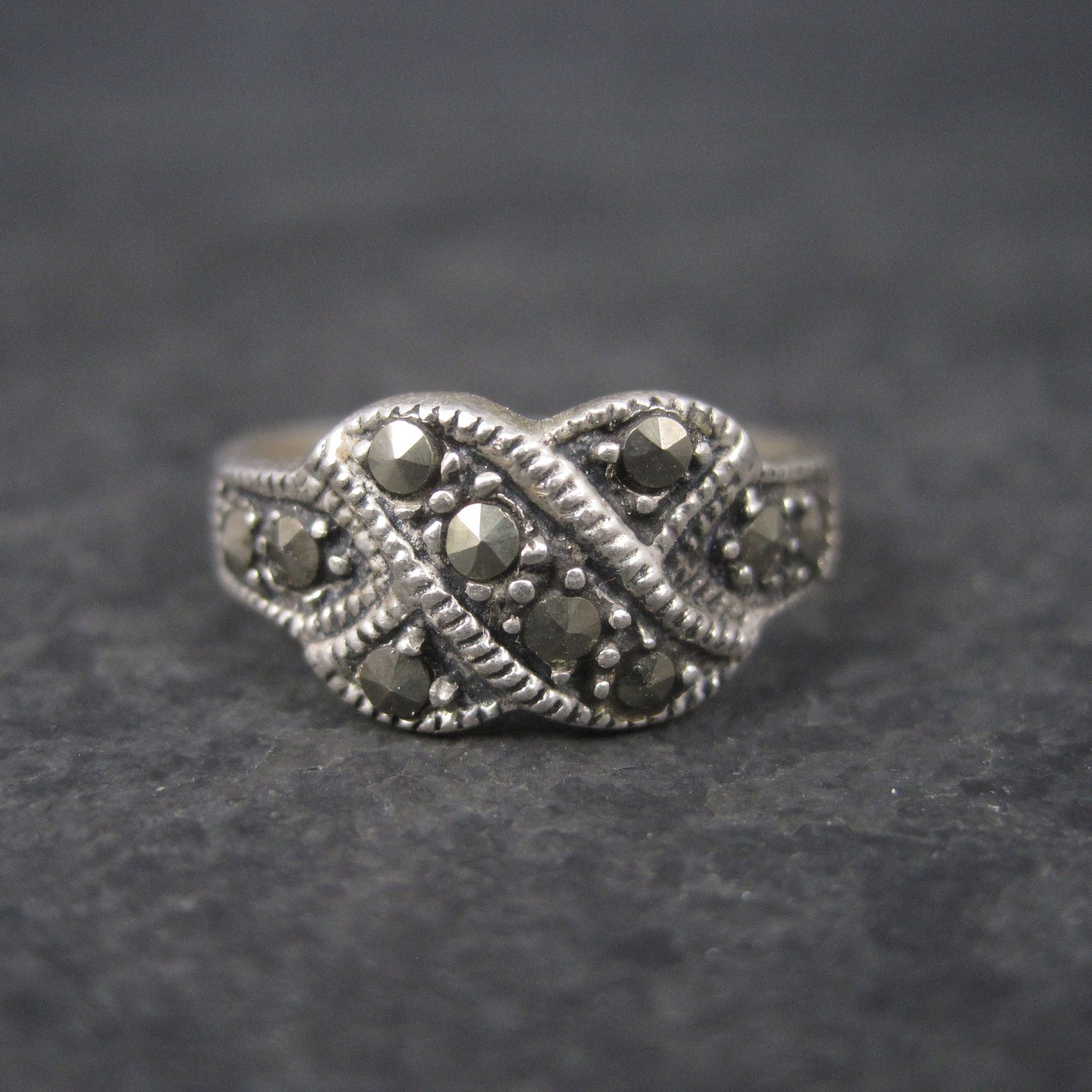Sterling Marcasite X Kiss Ring Size 5.75 Estate Silver