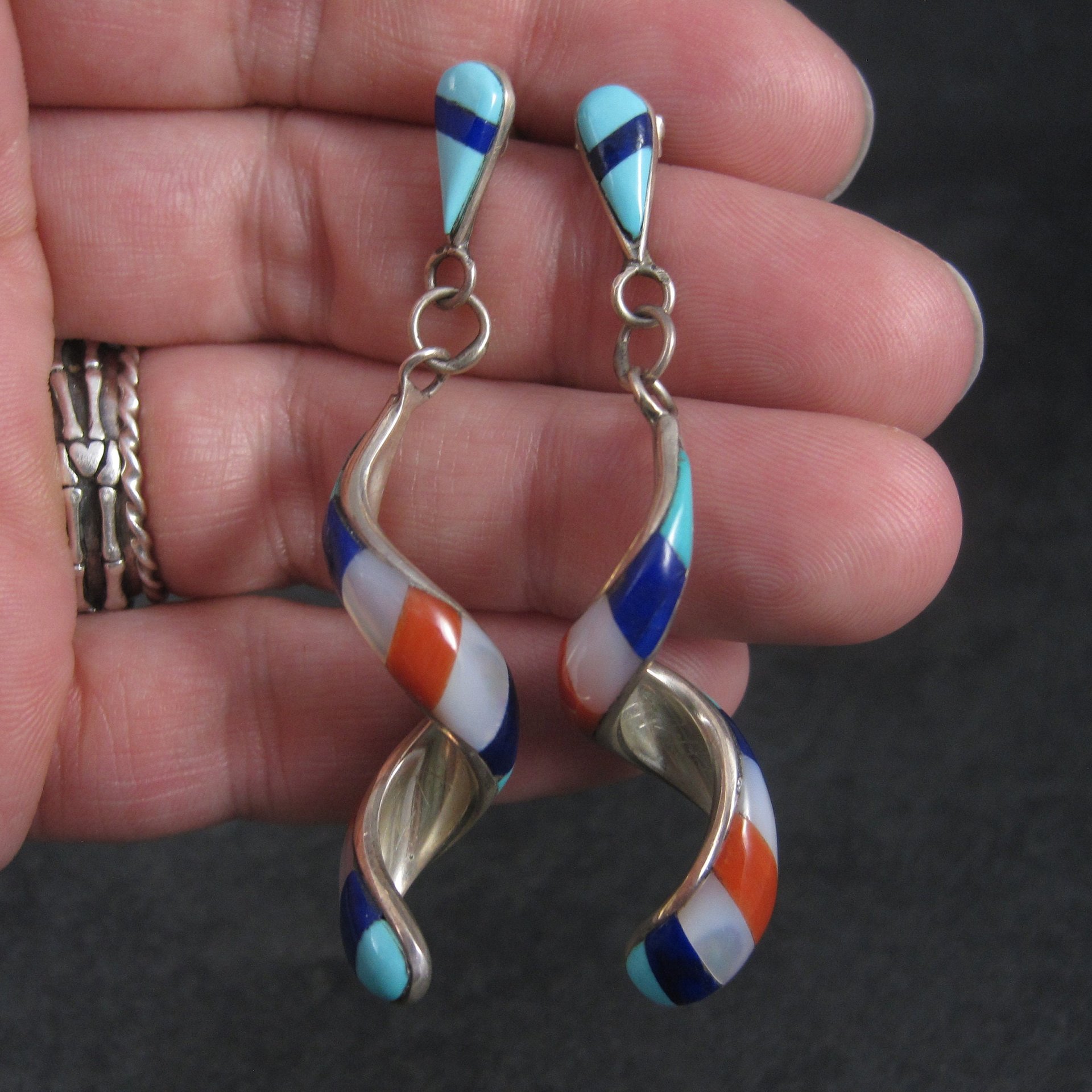Vintage Southwestern Sterling Red White Blue Inlay Earrings