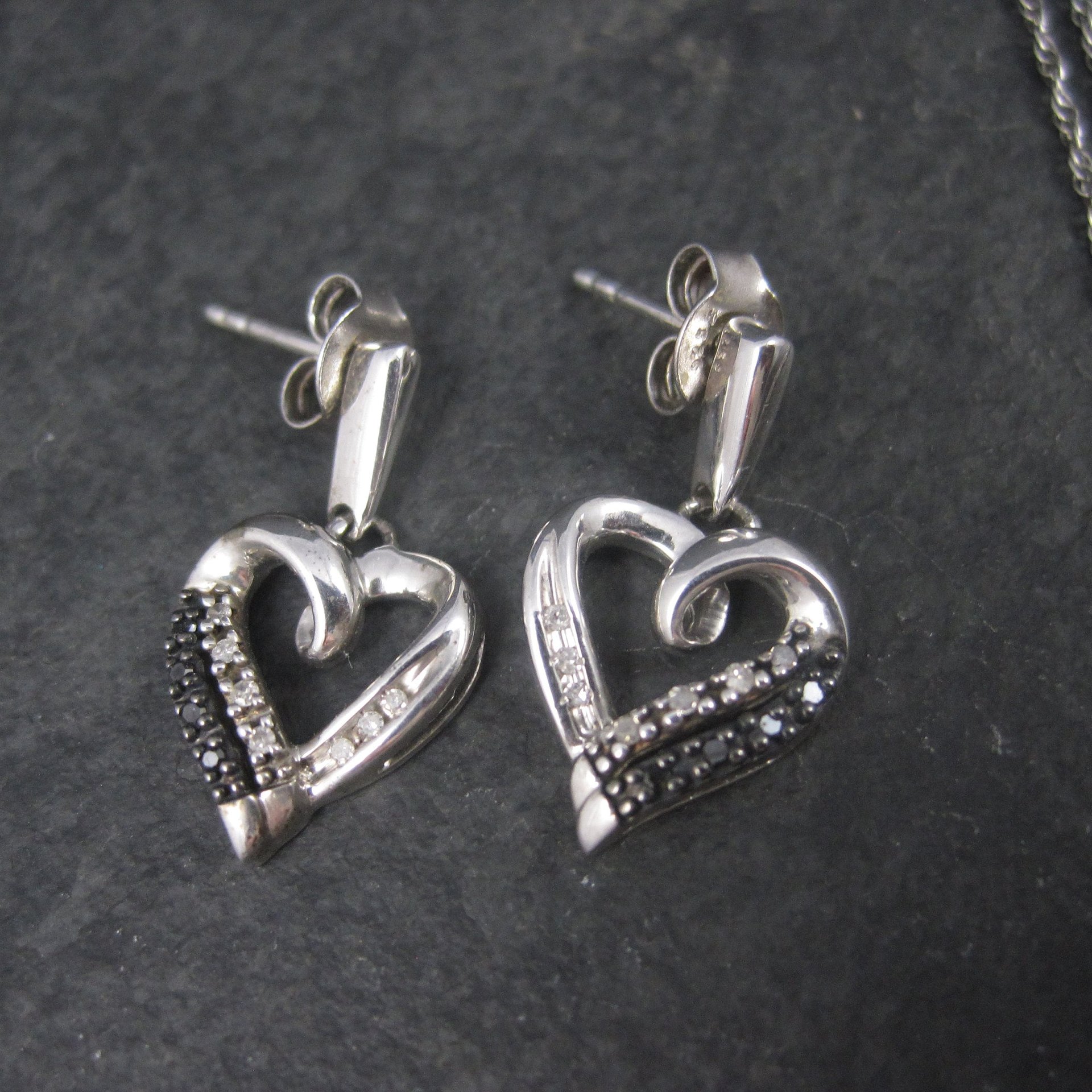Vintage 90s Sterling Black and White Diamond Heart Pendant Necklace and Earrings Jewelry Set