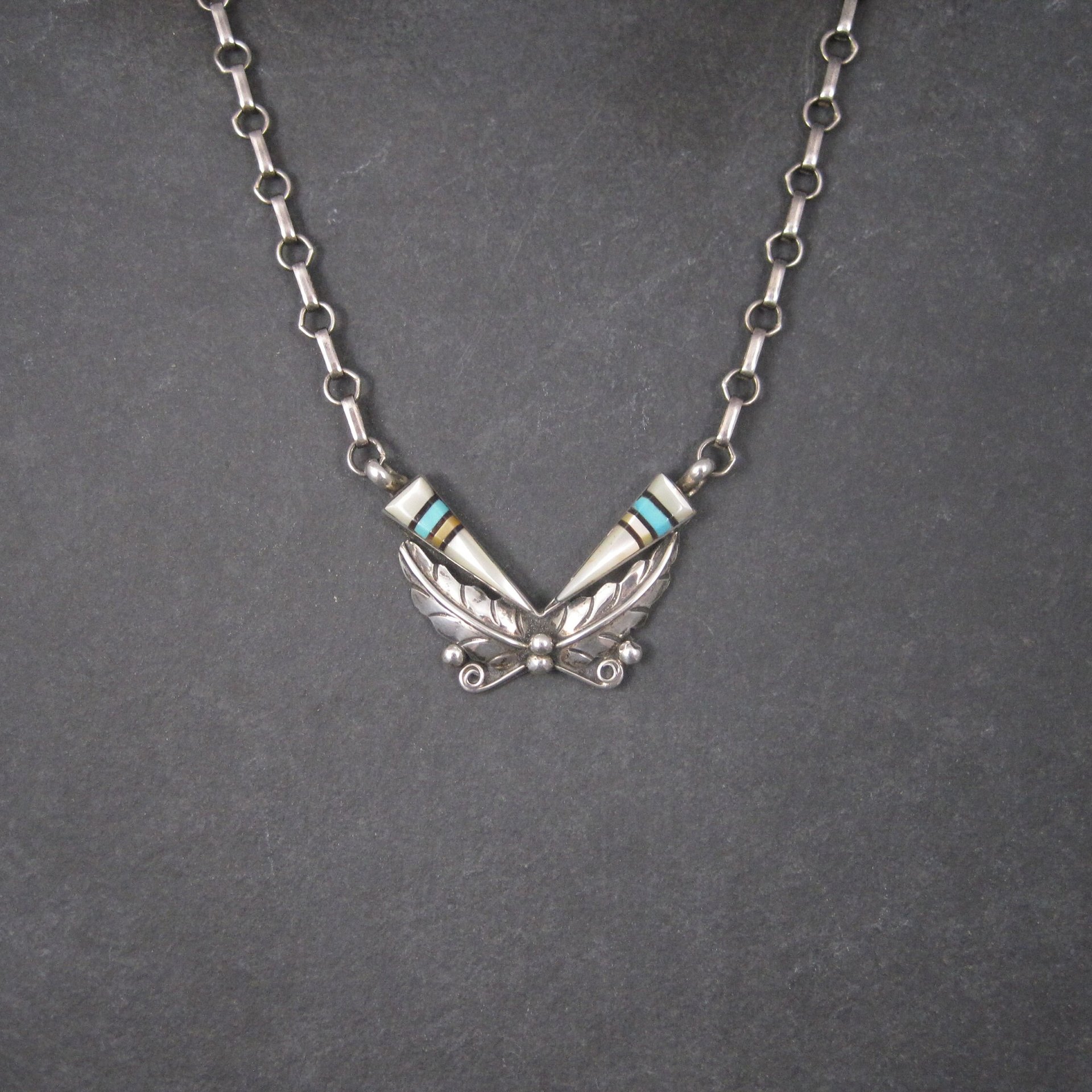 Vintage Southwestern Sterling Turquoise Inlay Feather Necklace