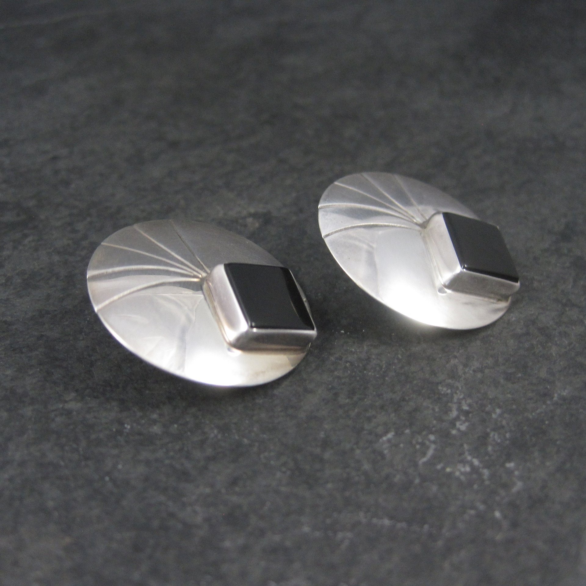 Large Round Vintage Sterling Navajo Onyx Earrings