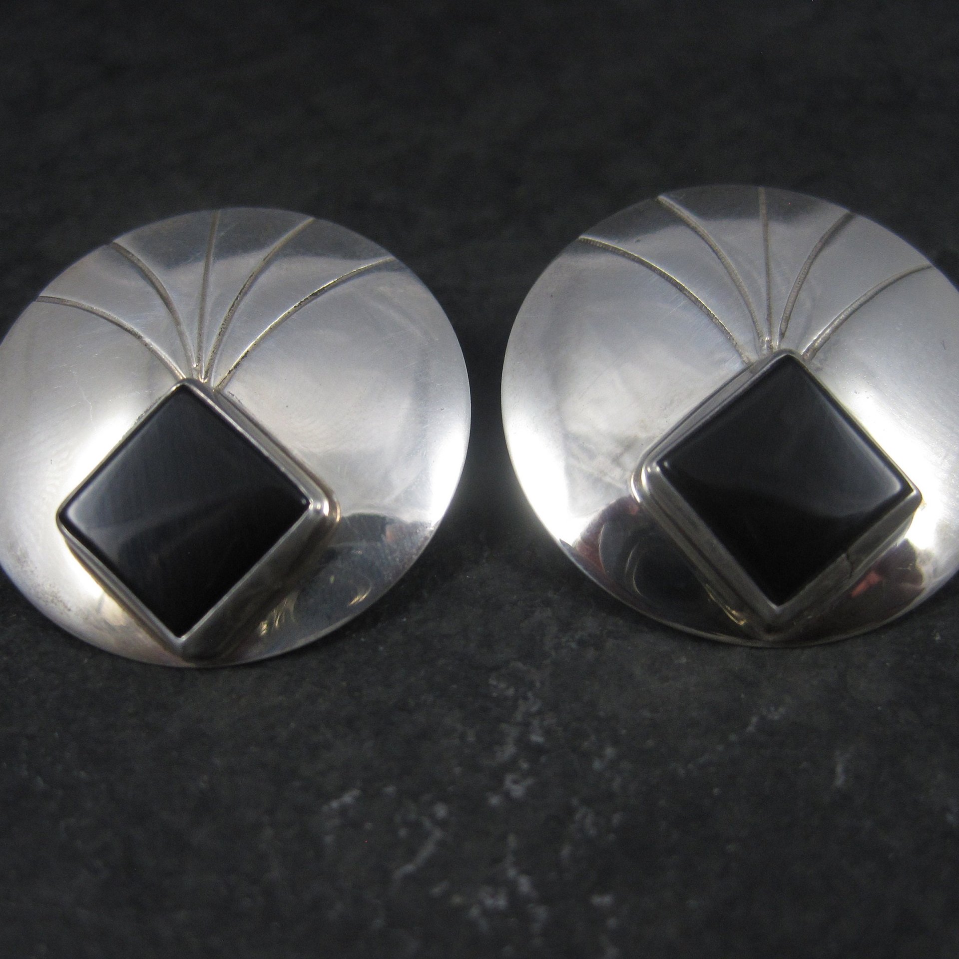 Large Round Vintage Sterling Navajo Onyx Earrings