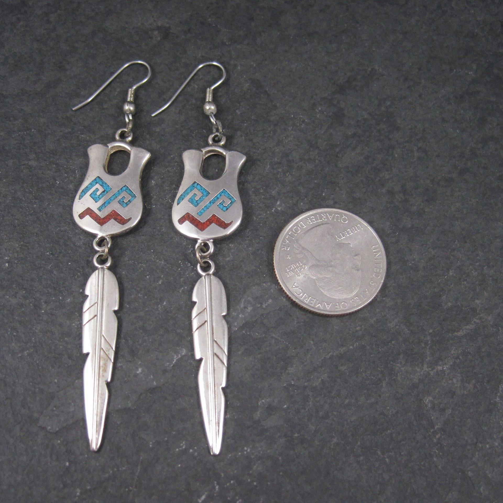 Vintage Southwestern Sterling Turquoise Coral Pot Feather Earrings