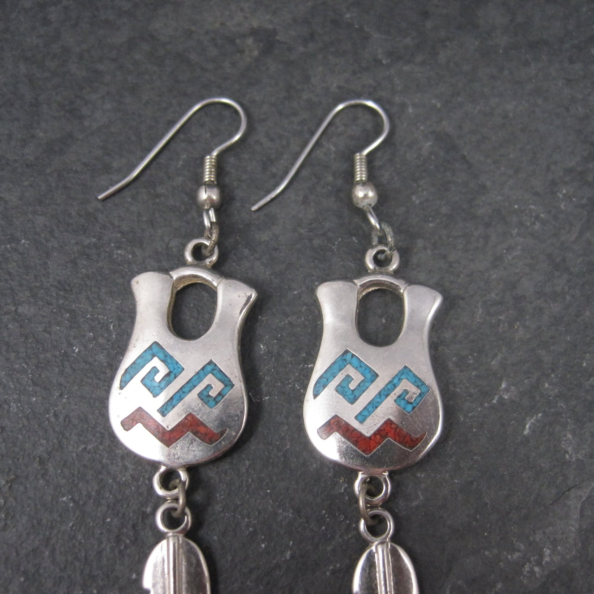 Vintage Southwestern Sterling Turquoise Coral Pot Feather Earrings