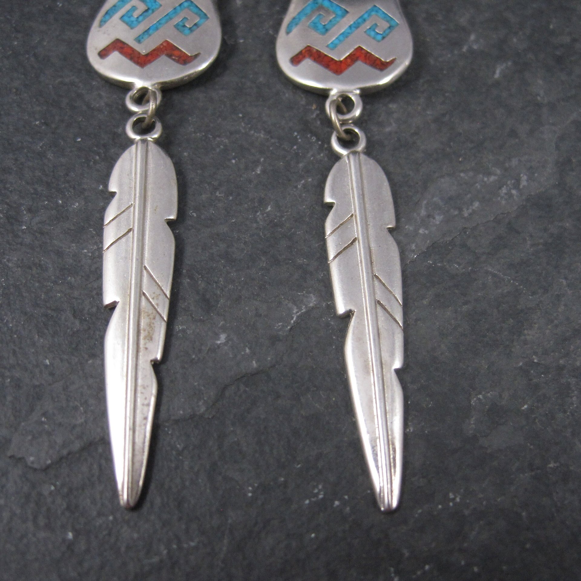 Vintage Southwestern Sterling Turquoise Coral Pot Feather Earrings