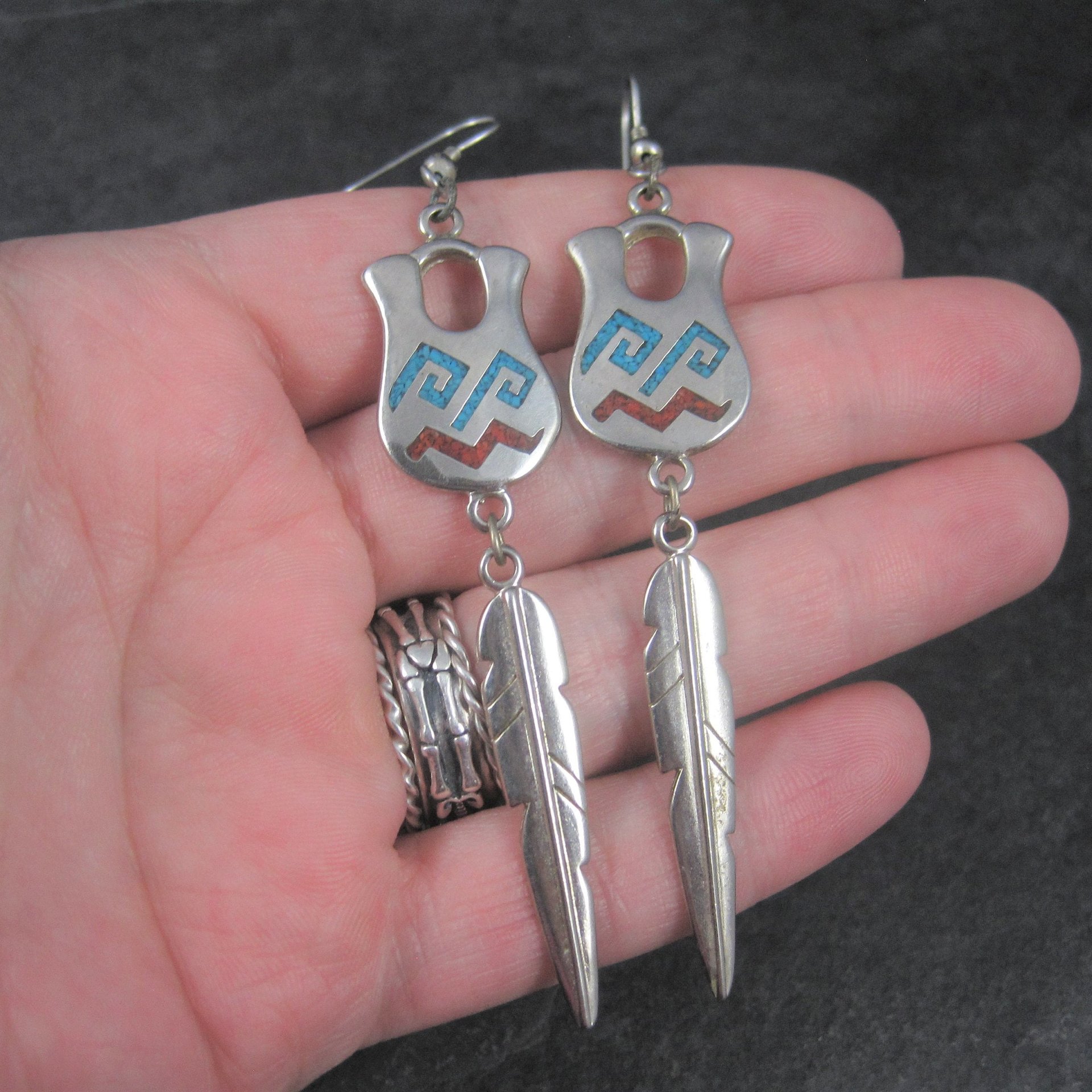 Vintage Southwestern Sterling Turquoise Coral Pot Feather Earrings