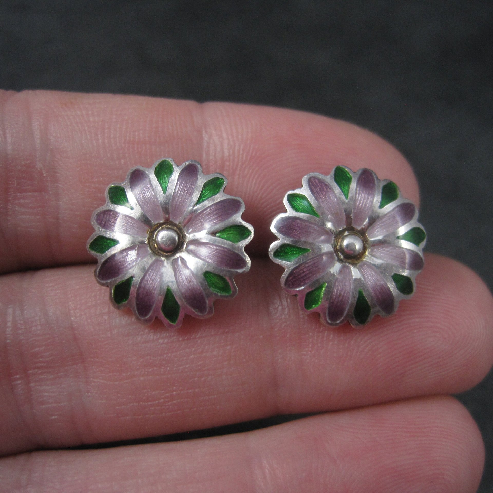 Vintage 980 Sterling Purple Enamel Flower Earrings
