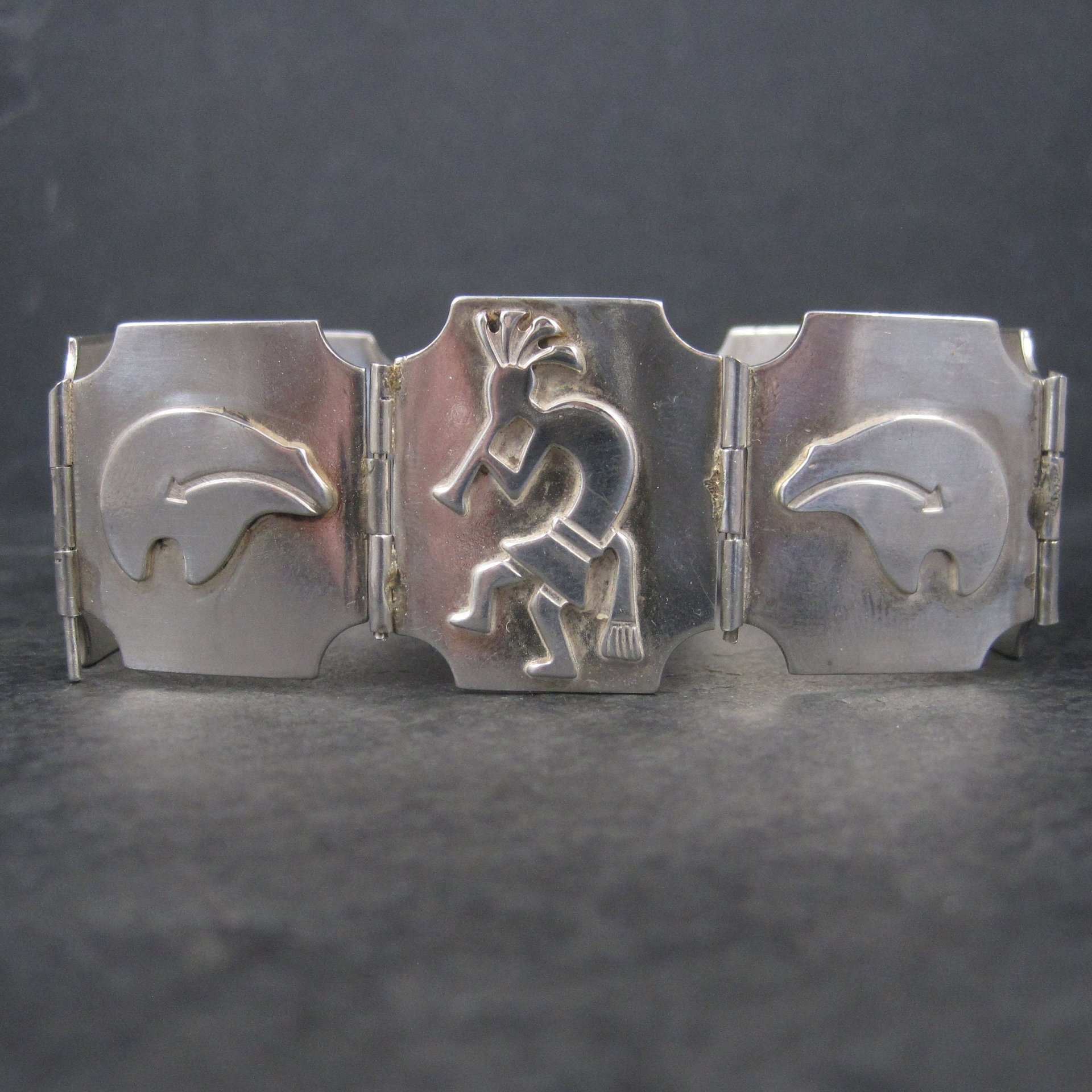 Estate Southwestern Sterling Kokopelli Bear Bracelet 7.5 Inches