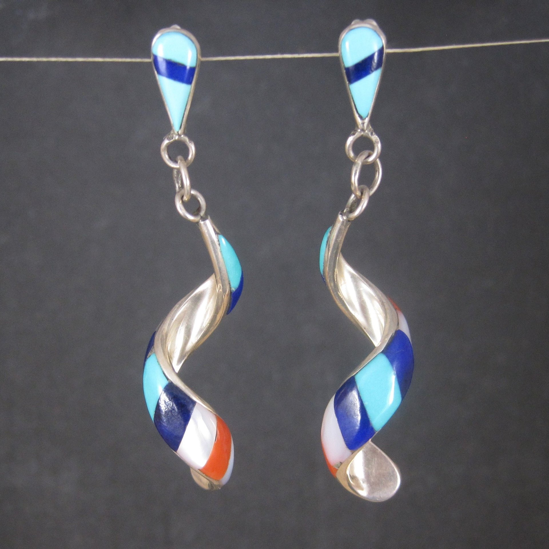 Vintage Southwestern Sterling Red White Blue Inlay Earrings