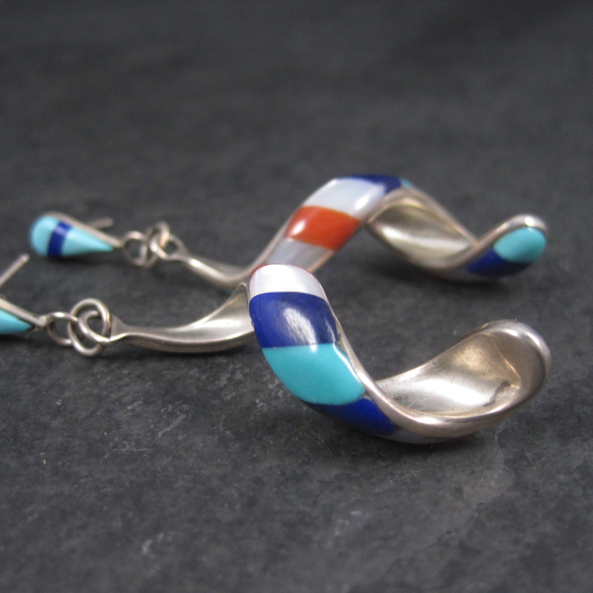 Vintage Southwestern Sterling Red White Blue Inlay Earrings