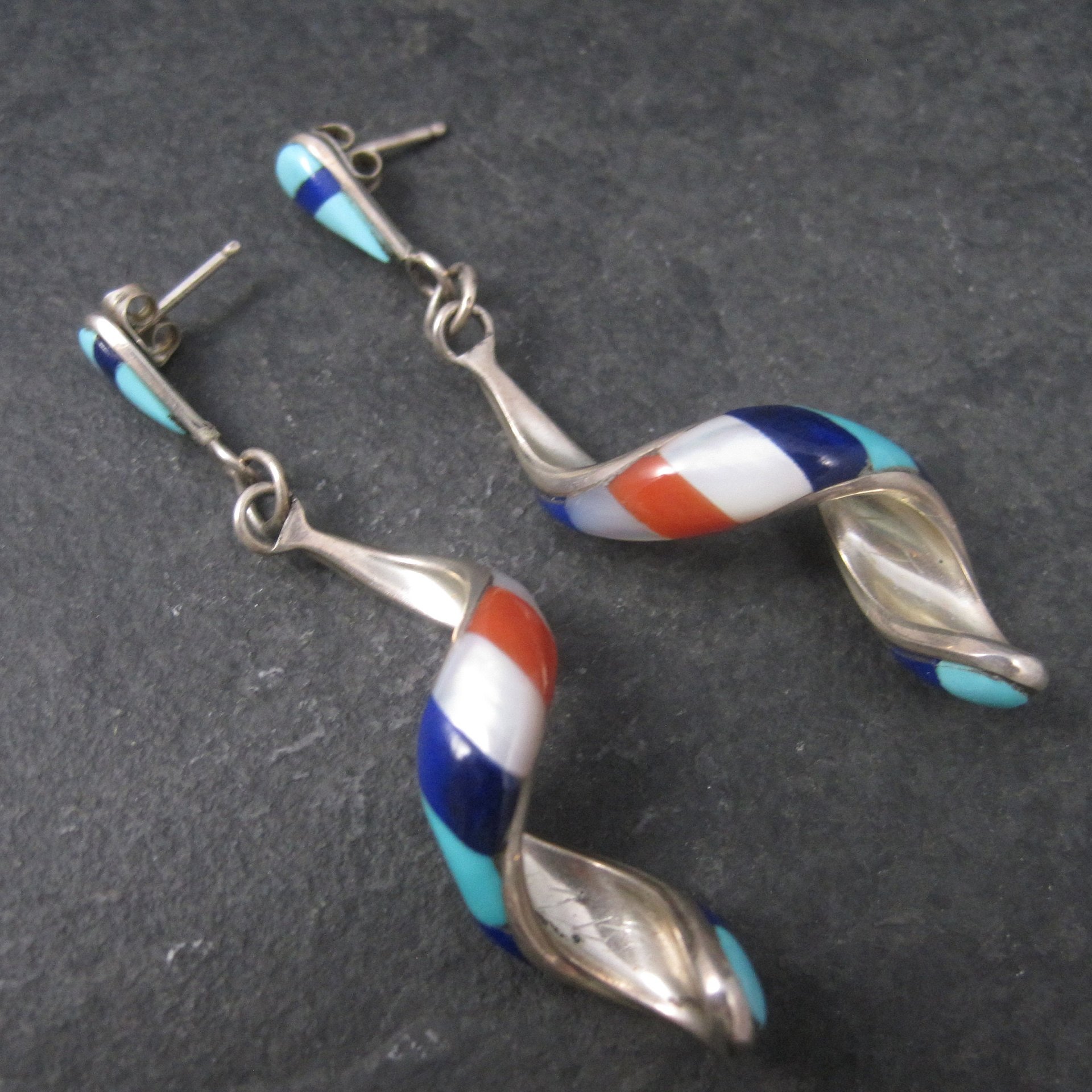 Vintage Southwestern Sterling Red White Blue Inlay Earrings