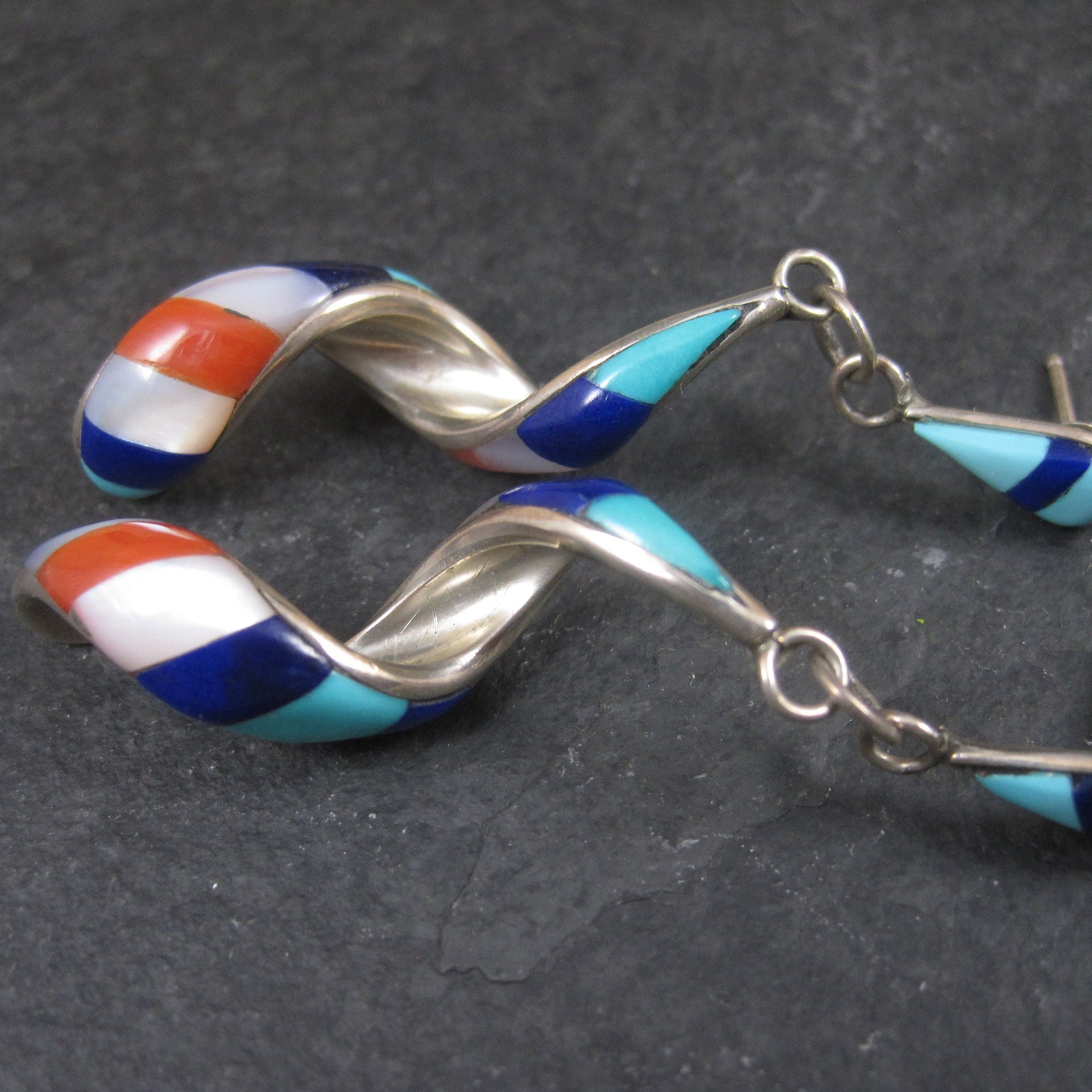 Vintage Southwestern Sterling Red White Blue Inlay Earrings