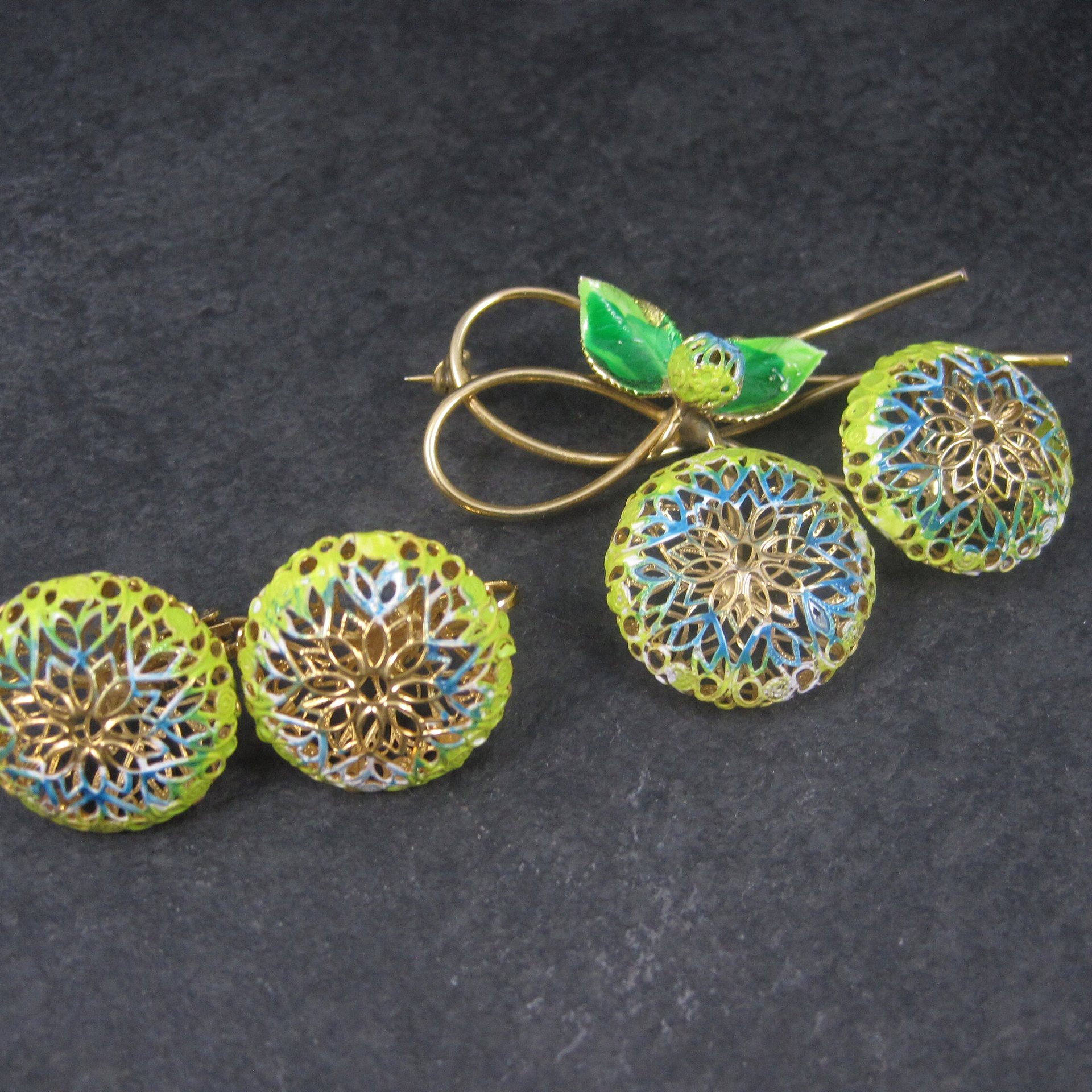 Vintage Prestige Enamel Brooch Clip On Earrings Jewelry Set in Box