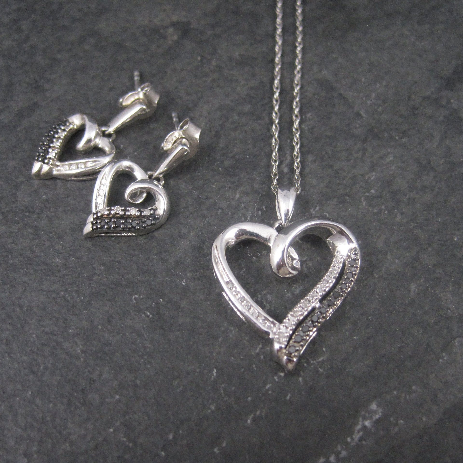 Vintage 90s Sterling Black and White Diamond Heart Pendant Necklace and Earrings Jewelry Set