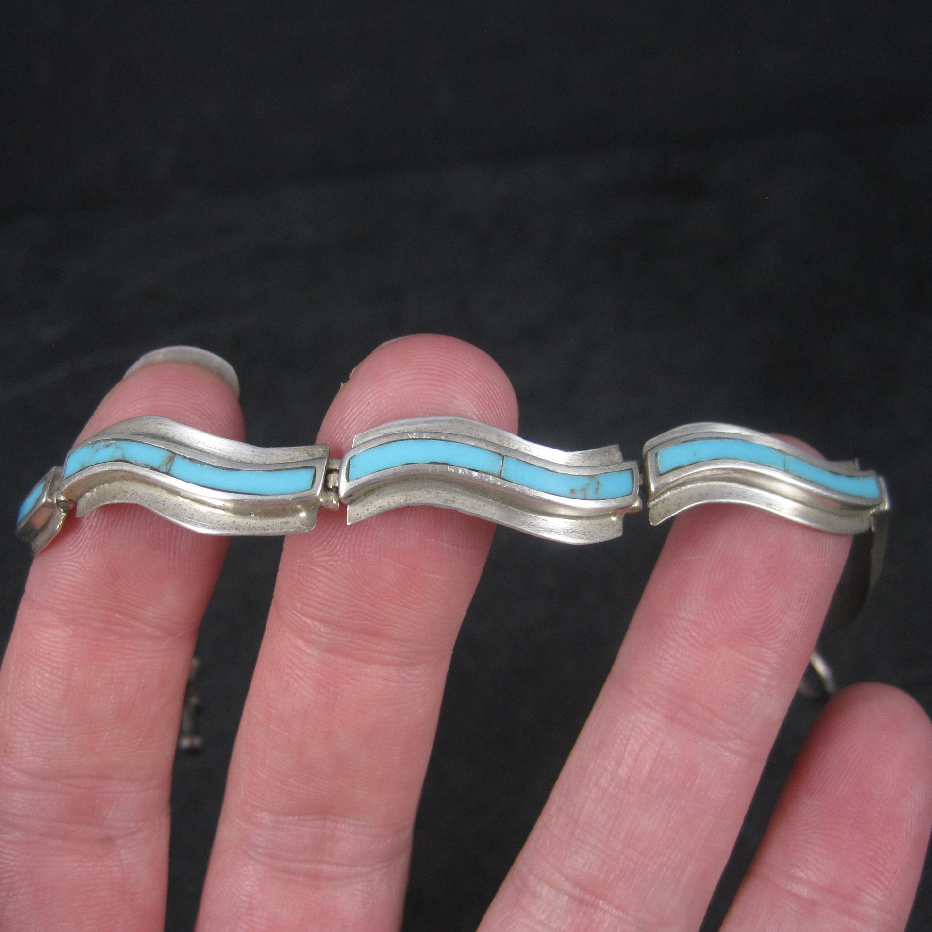 Estate Southwestern Sterling Turquoise Inlay Toggle Bracelet