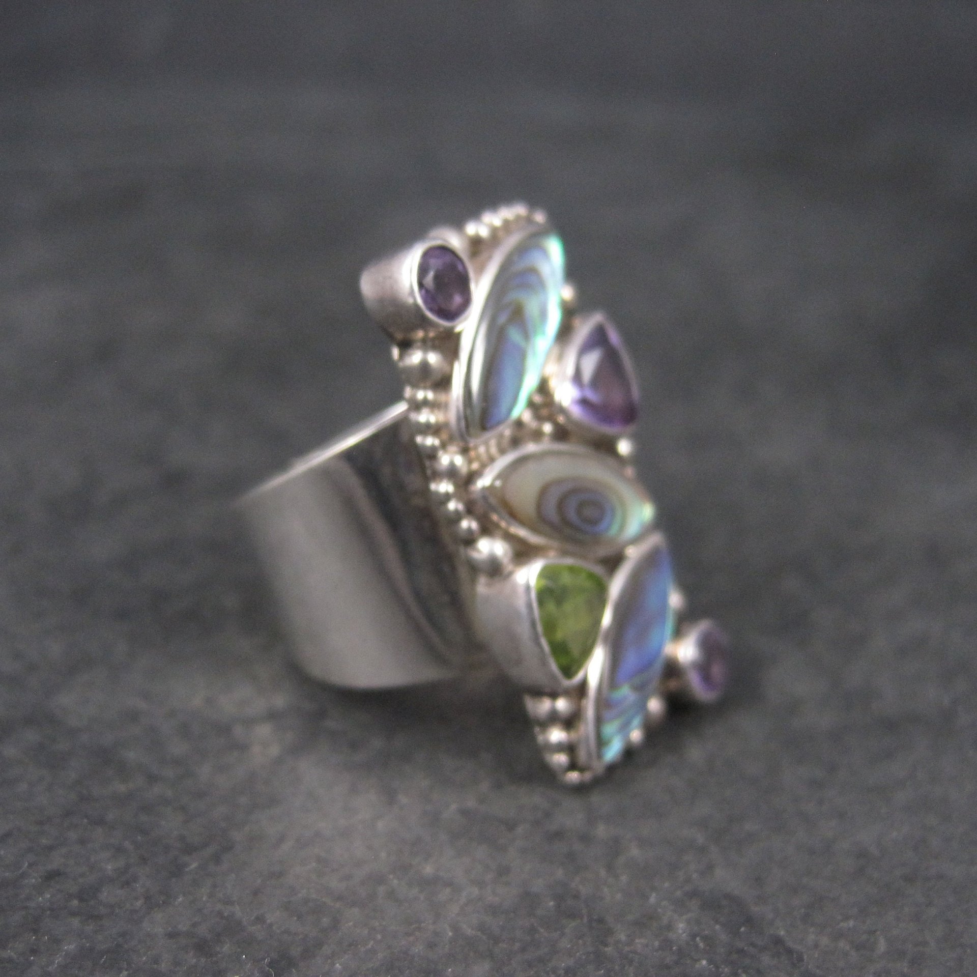 Vintage Sajen Sterling Abalone Amethyst Peridot Ring Size 7