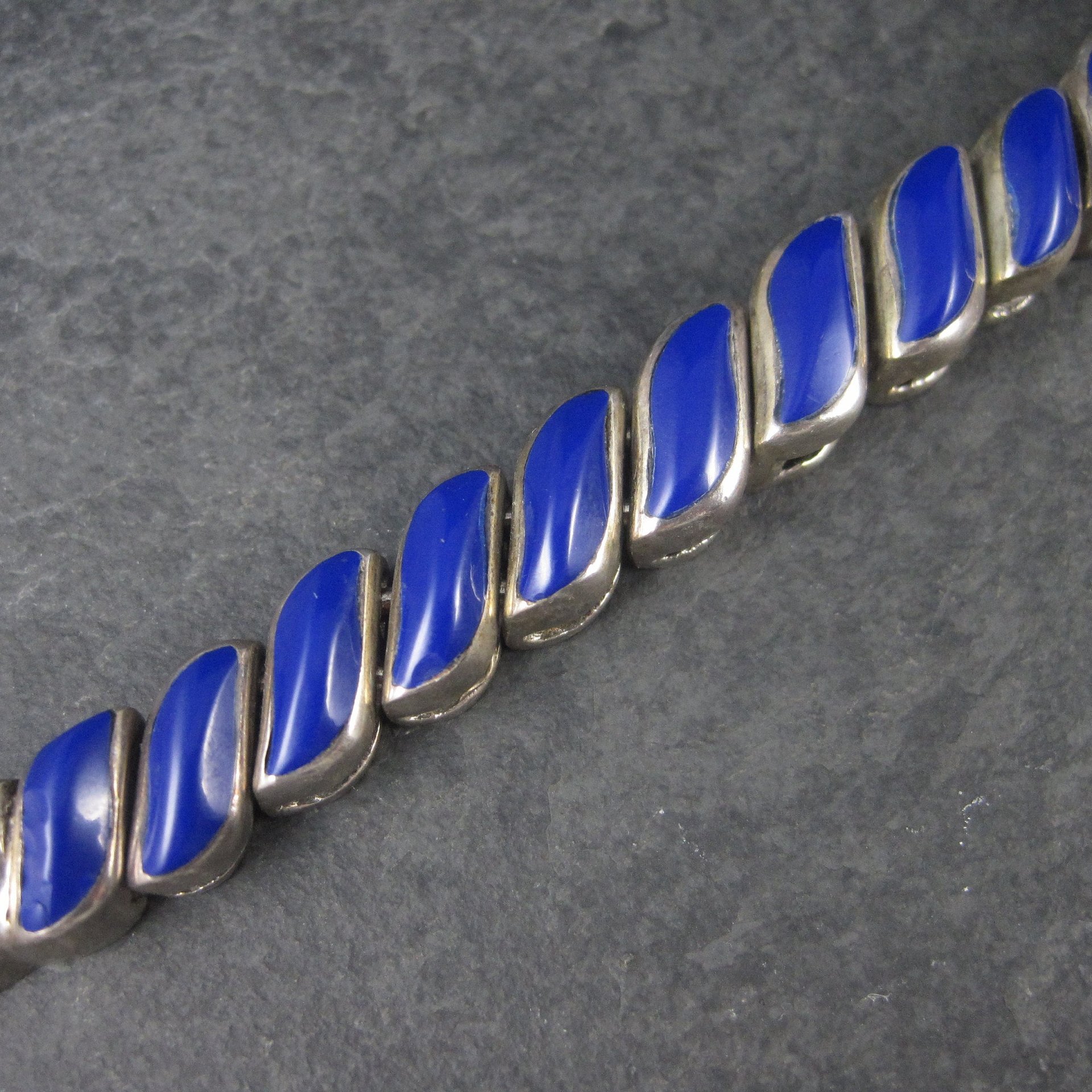 Heavy Vintage 950 Sterling Blue Glass Bracelet 8.25 Inches