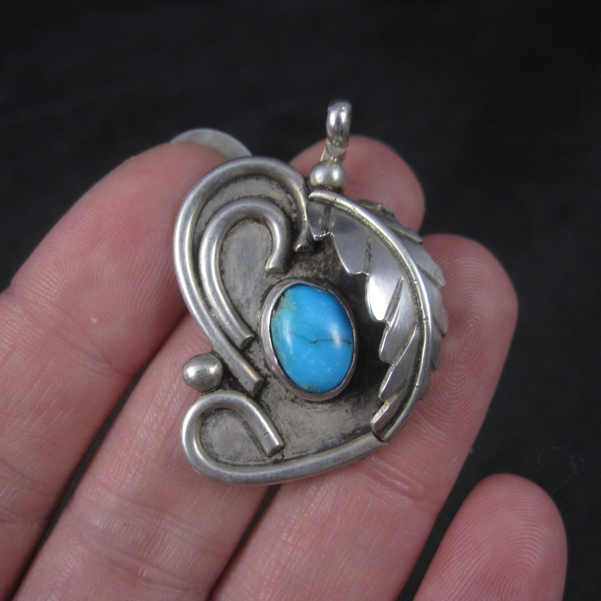 Vintage Navajo Sterling Turquoise Feather Pendant Steven Apache