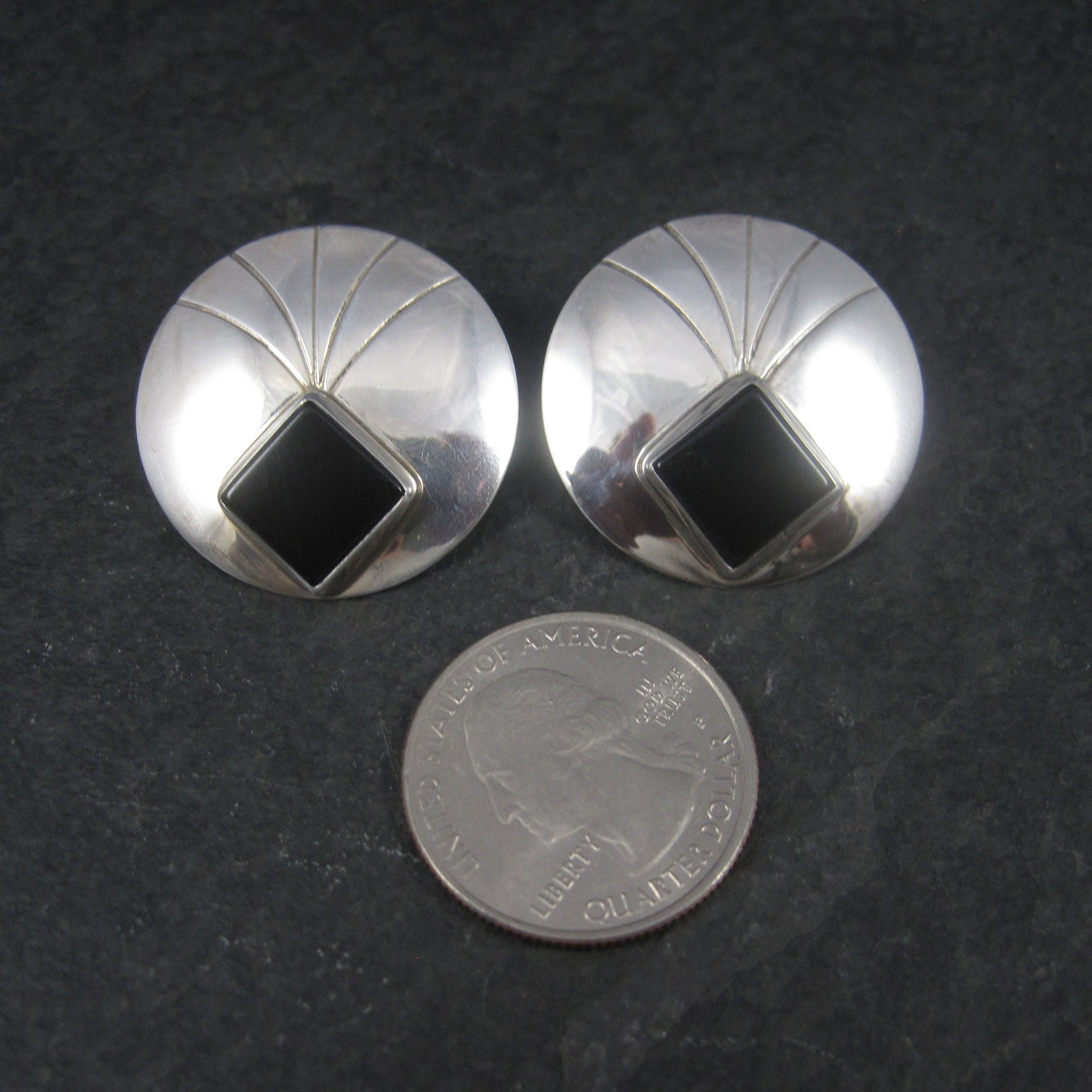 Large Round Vintage Sterling Navajo Onyx Earrings