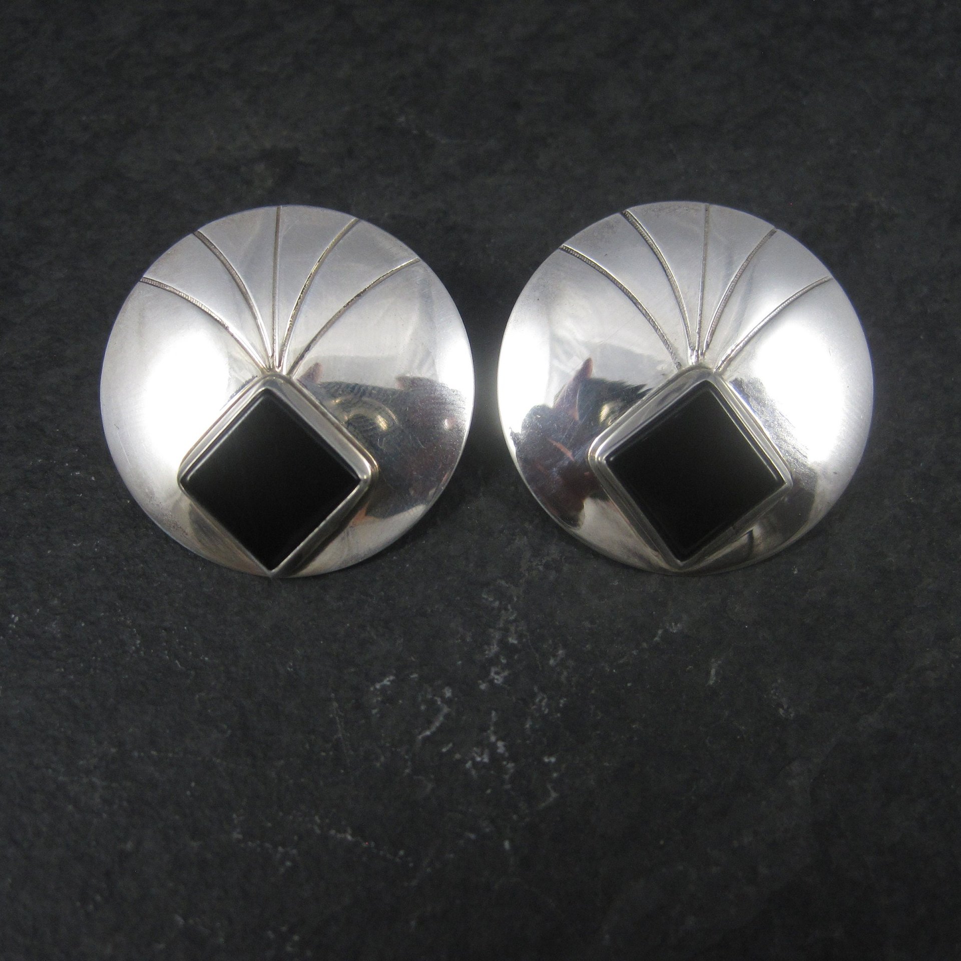 Large Round Vintage Sterling Navajo Onyx Earrings