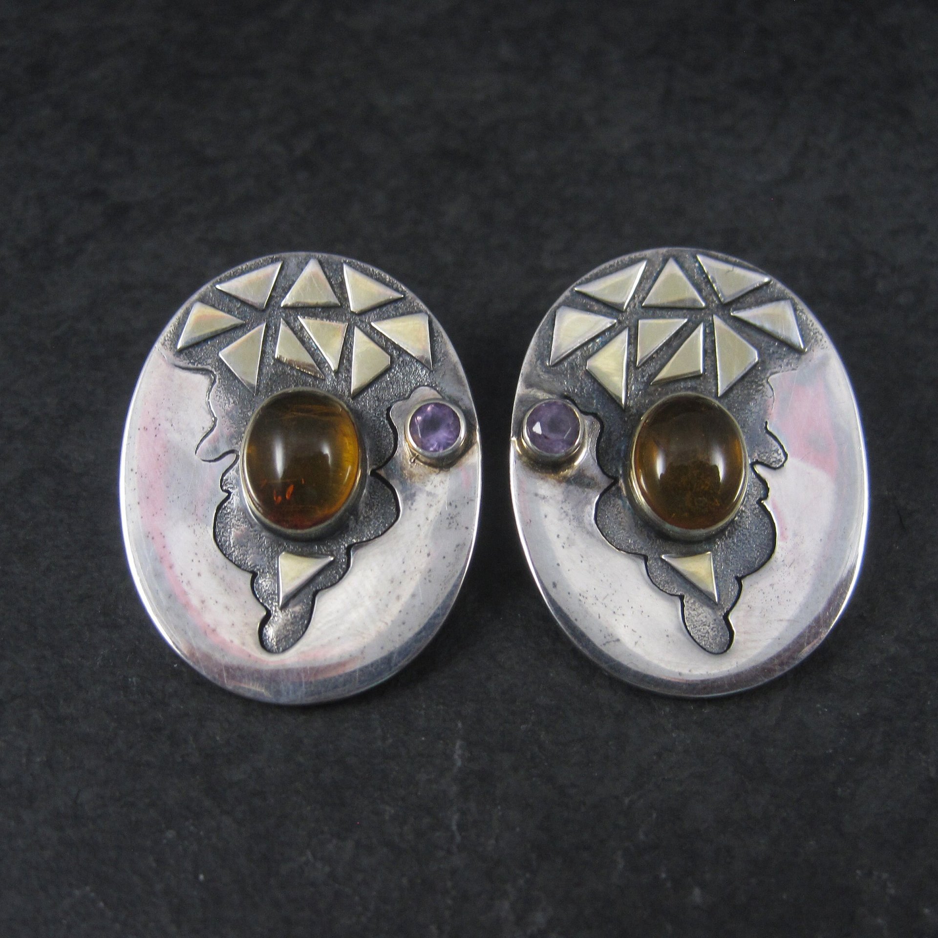 Large Vintage Sterling Amber Amethyst Earrings Michou