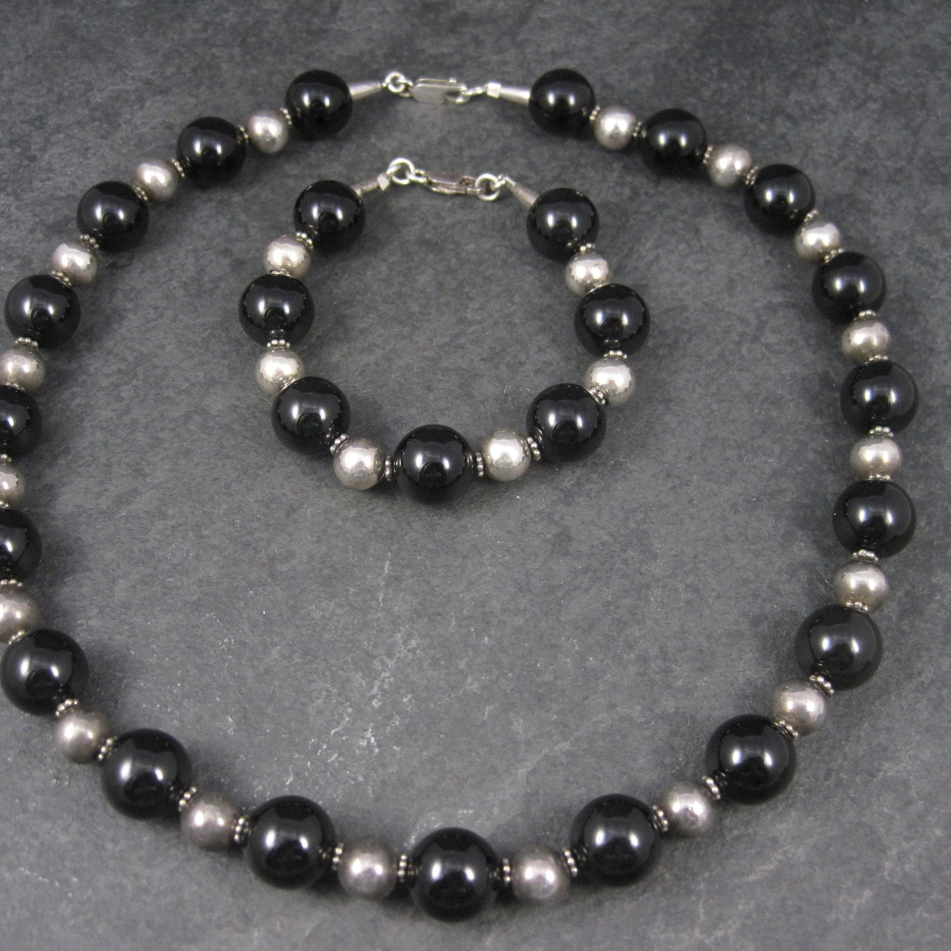 Vintage Black Sterling Bead Necklace and Bracelet Set